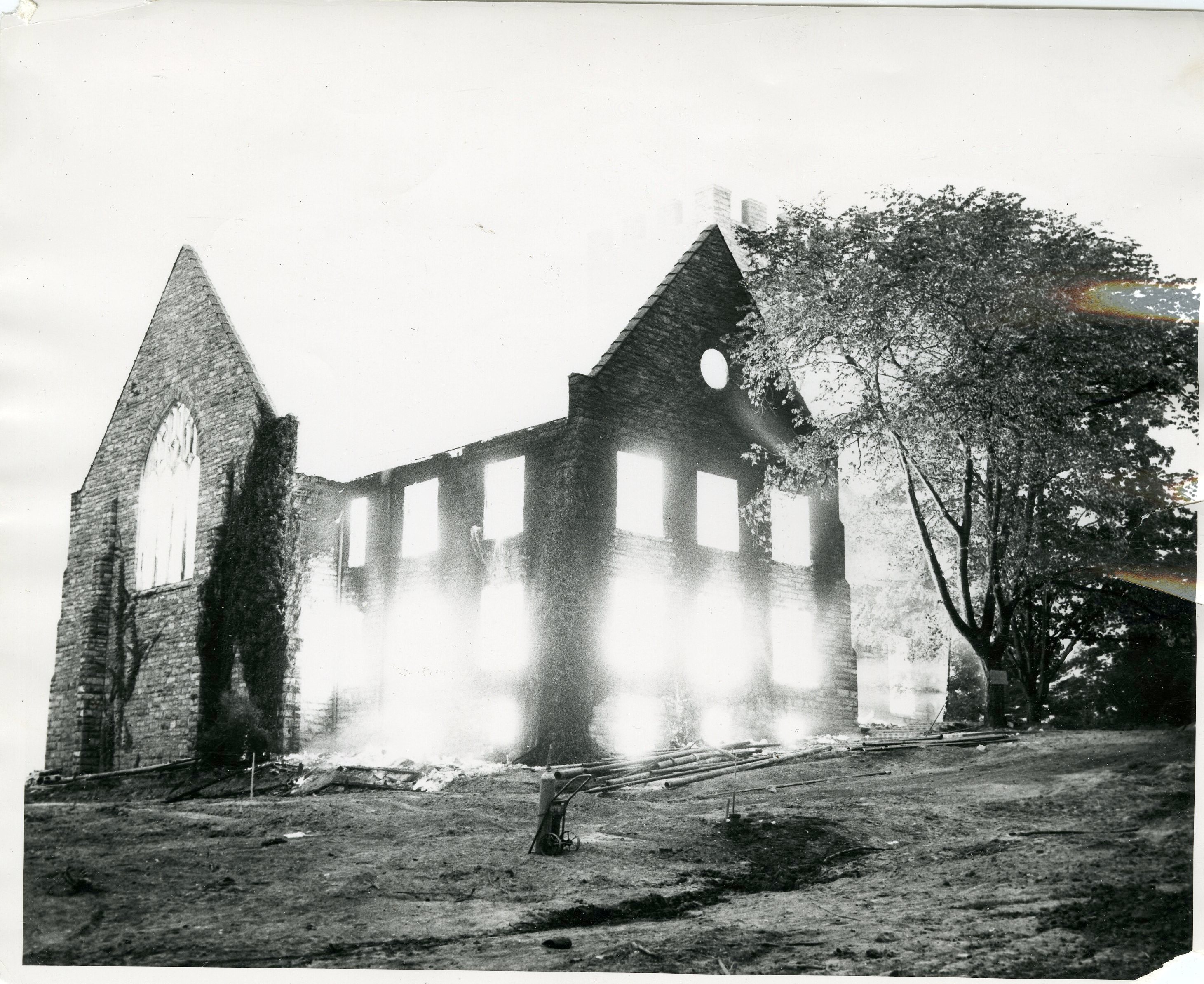 Old Library, during the fire, August 1953