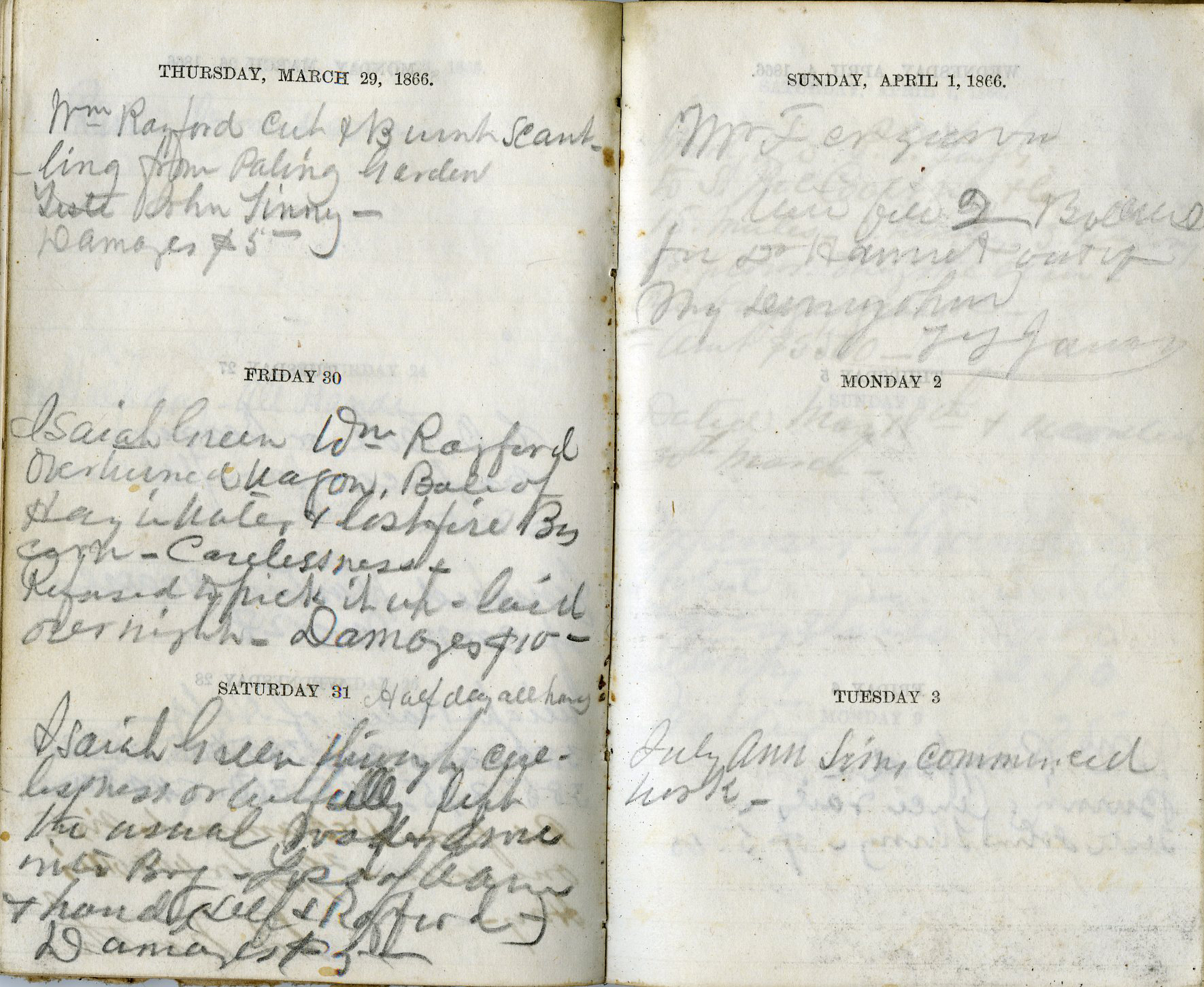 Many of the journal entries made by James P. Hammet while managing operations of Lammermoor relate to fines he imposed on freedmen working at Lammermoor. The entry for March 30, 1866 reads: "Isaiah Green Wm Rayford overturned a wagon, Bale of Hay in water...  By [cause?] - Carelessness - Refused to pick it up - laid over night. Damages $10-." Elsewhere Hammet says of the workers, "A more triffling [sic] set never were congregated together."