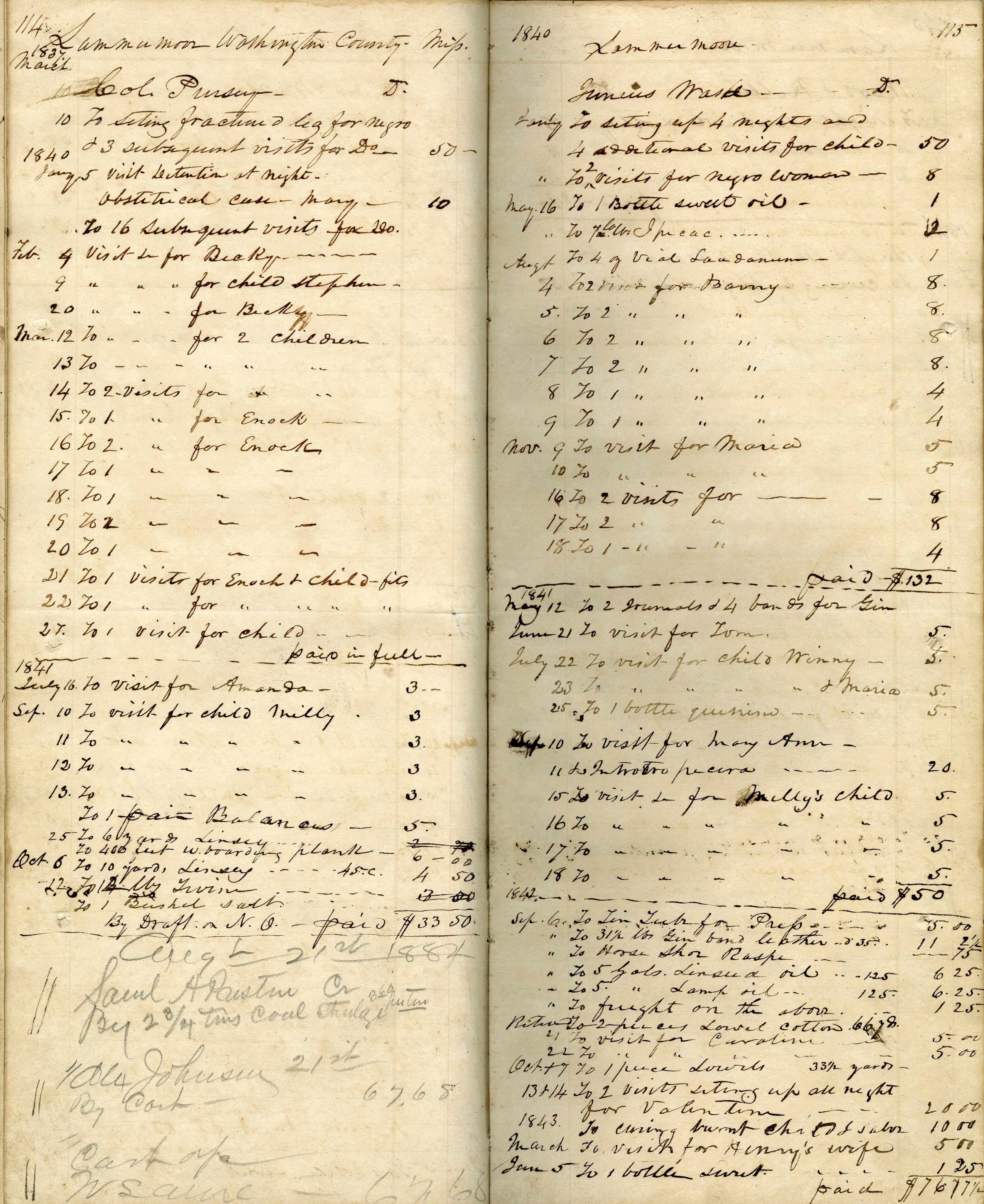A sample page from William Hammet's medical practice account book. The first entry, from March 10, 1837, reads, "Col. Pursey To seting [sic] fractured leg for negro + 3 subsequent visits for [ditto] [$]50--." The larger handwriting at bottom left is that of Governor Tyler, who used this and other account books of the Hammets to record his own business transactions some decades later.