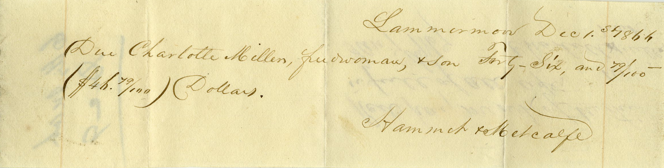 Voucher for wages due Charlotte Miller, freedwoman, by Lammermoor Plantation in 1866. Miller acknowledged receipt, by making her mark, on the reverse side of the slip. 