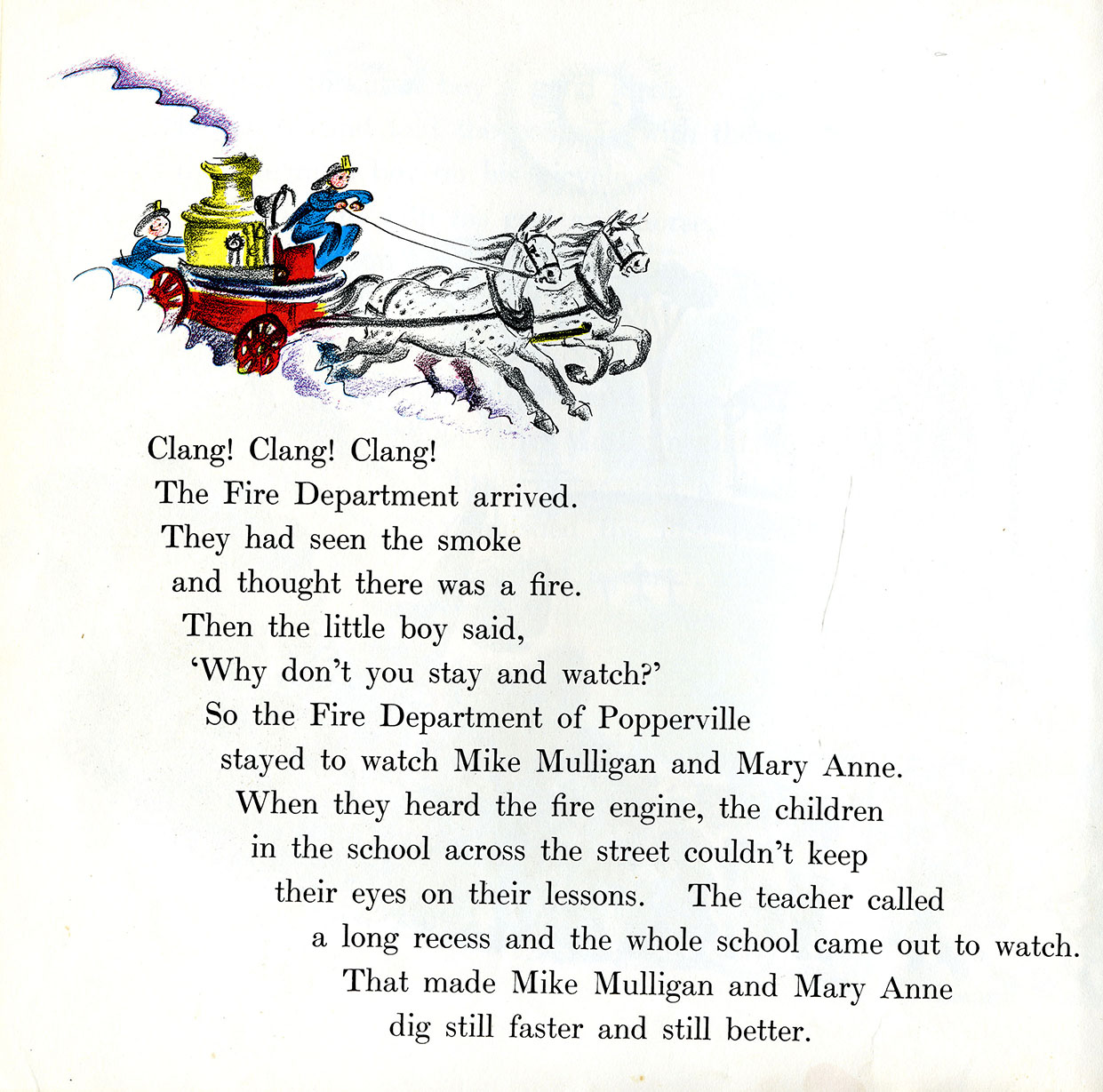 The fire engine speeds on its way . . . from Mike Mulligan and His Steam Shovel by Virginia Lee Burton, first published in 1939