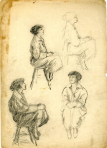 pencil drawing of a young woman on a stool