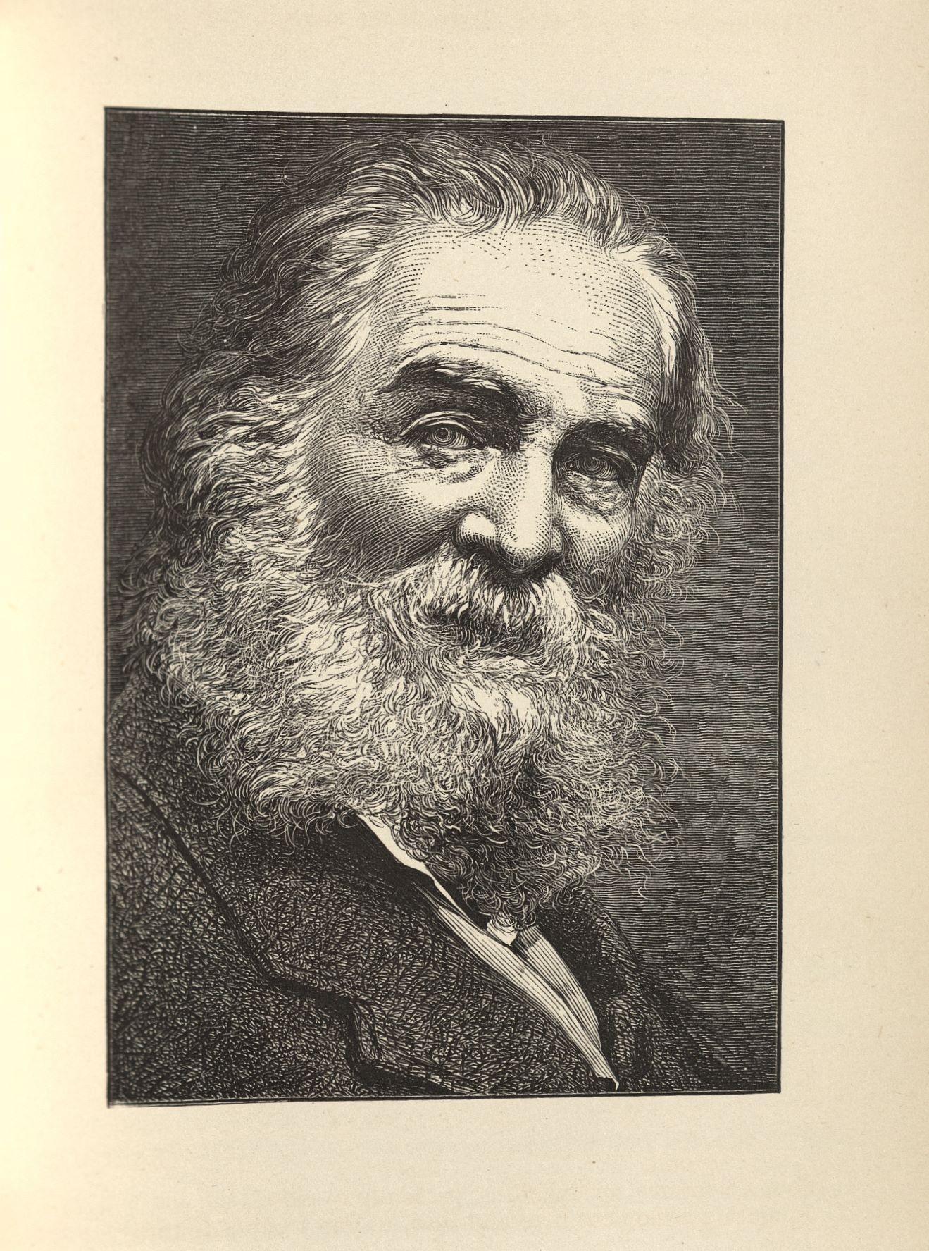 Engraving of Whitman as an older man, from the Author's Edition of Leaves of Grass, 1882