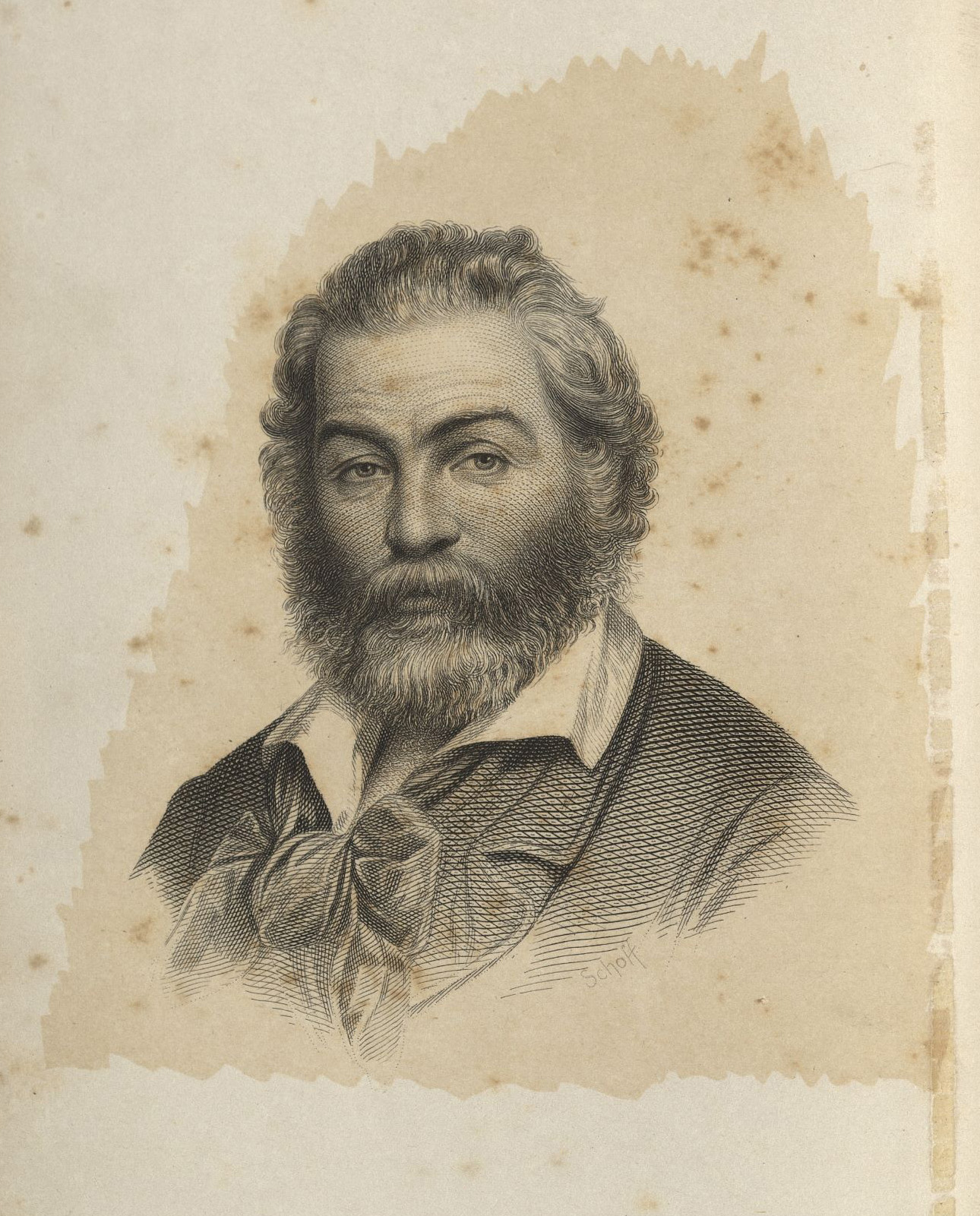 Engraving of Whitman as frontispiece of the 1860 third edition of Leaves of Grass.