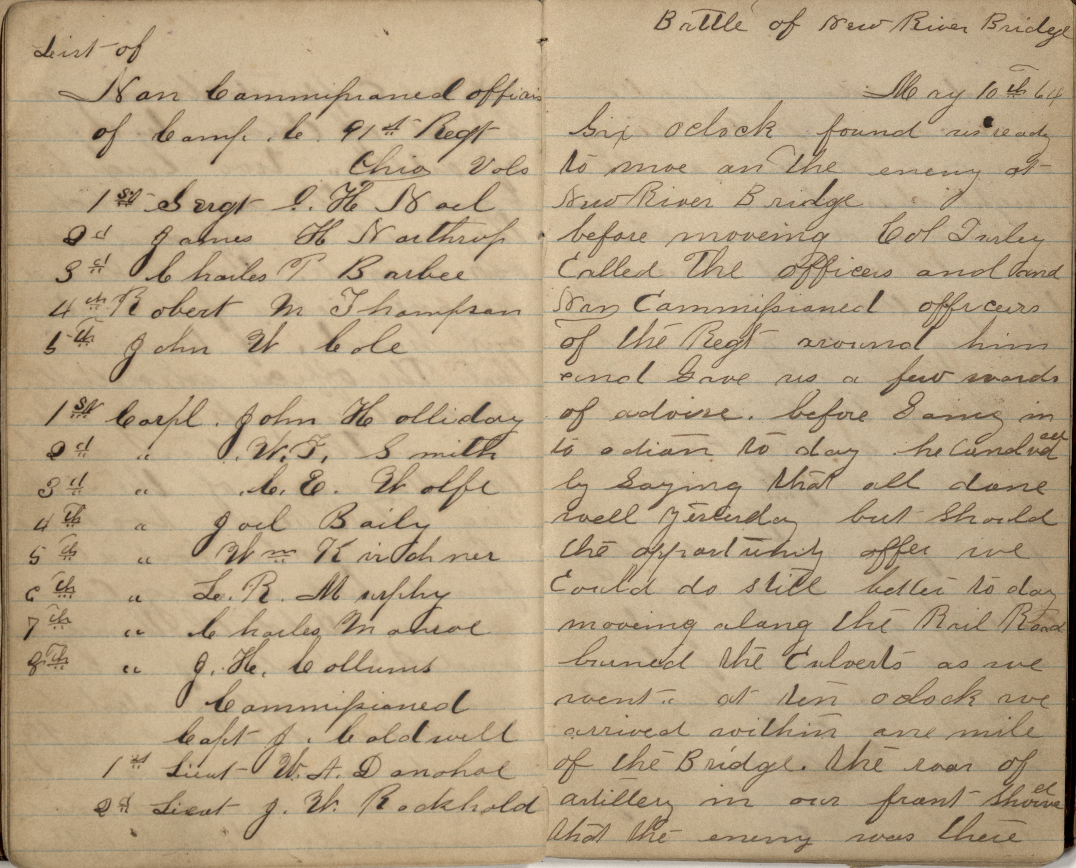 A page spread from John Holliday's first diary, featuring his entry for May 10, 1864, The Battle of New River Bridge