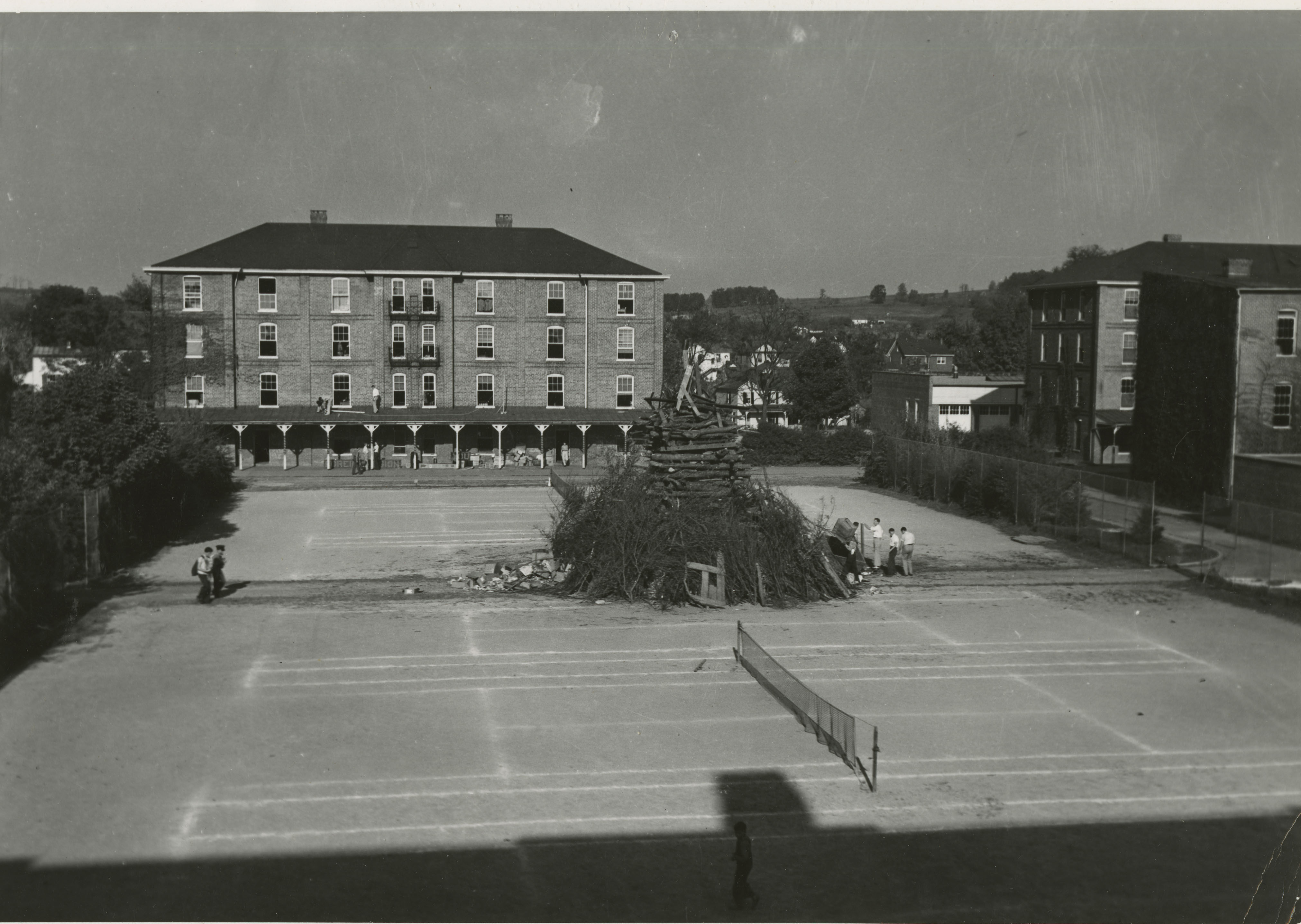 Bonfire being built in the Upper Quad, 1940