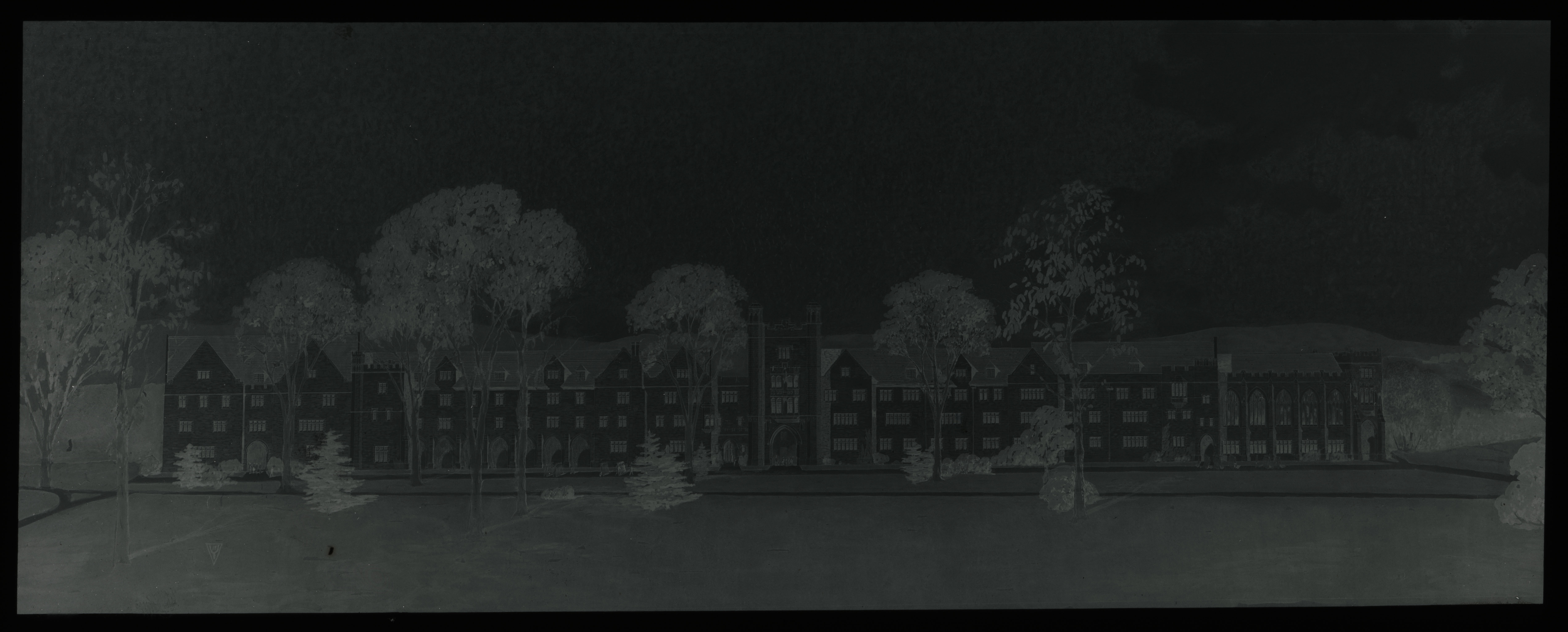 Glass plate negative of a drawing of a proposed dormitory building in the Upper Quad. The design of the current Upper Quad construction is based on these original designs. 