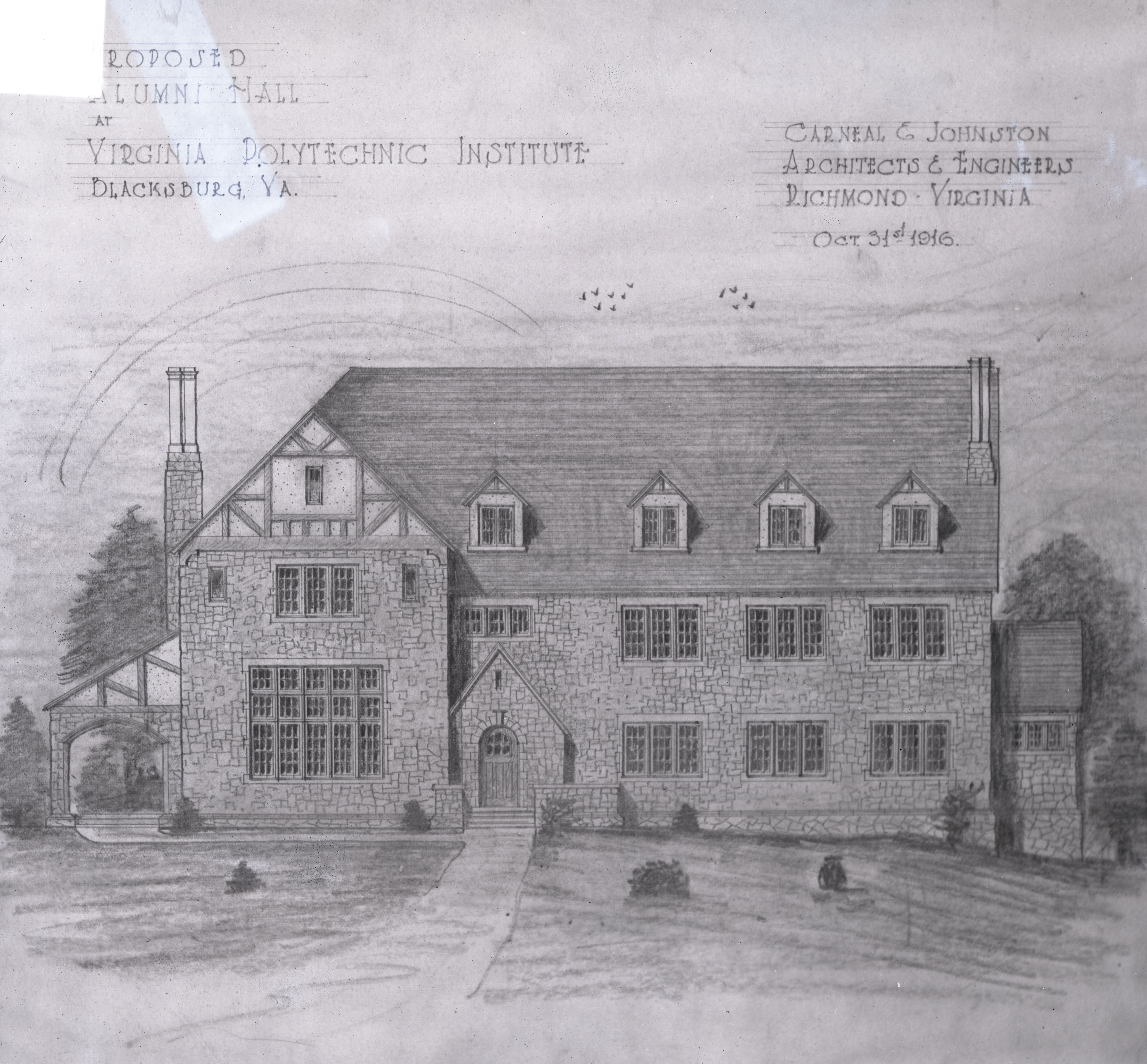 A drawing of a proposed alumni hall designed by Carneal and Johnston in 1916