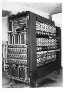 Turing's codebreaking machine, a Bombe, designed in 1939, built first in 1940