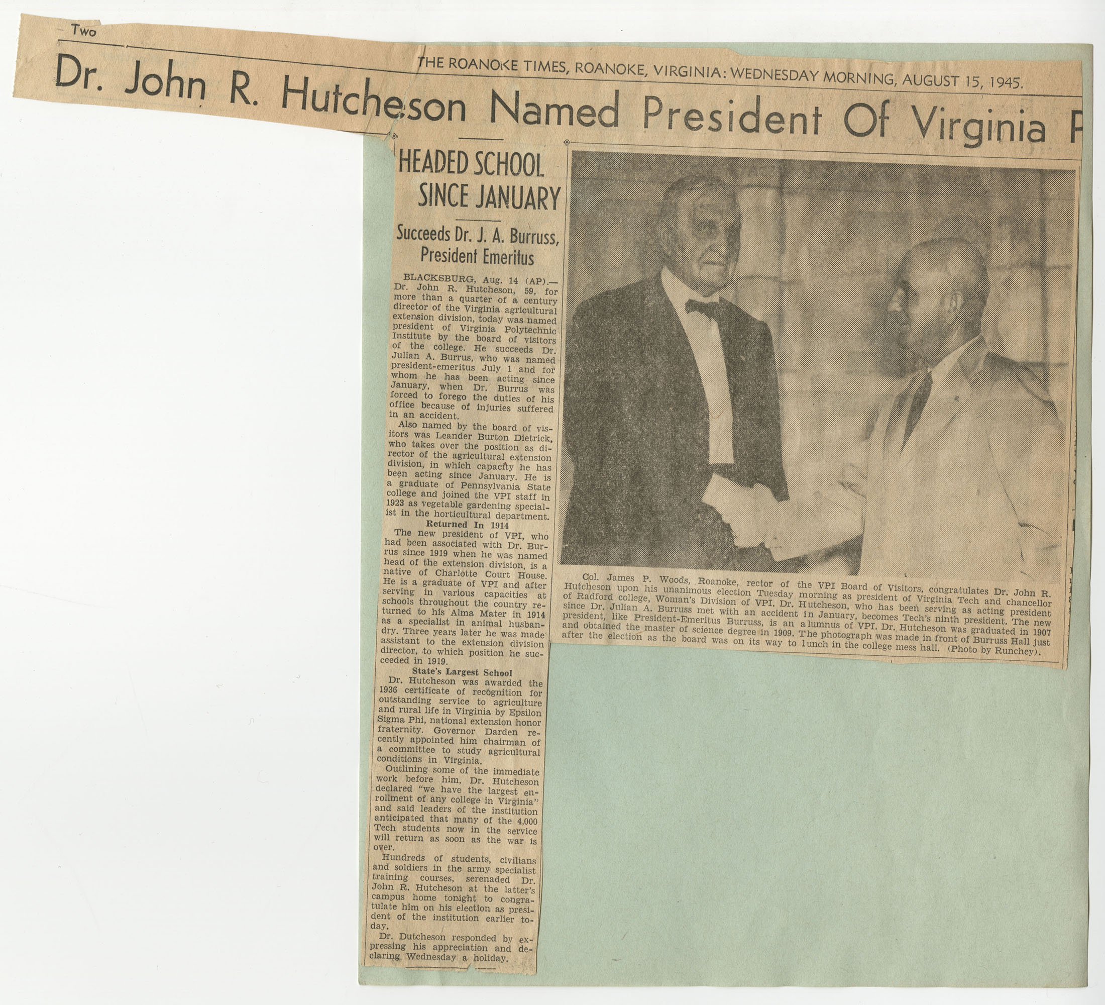"Dr. John R. Hutcheson Named President of Virginia [Polytechnic Institute]"