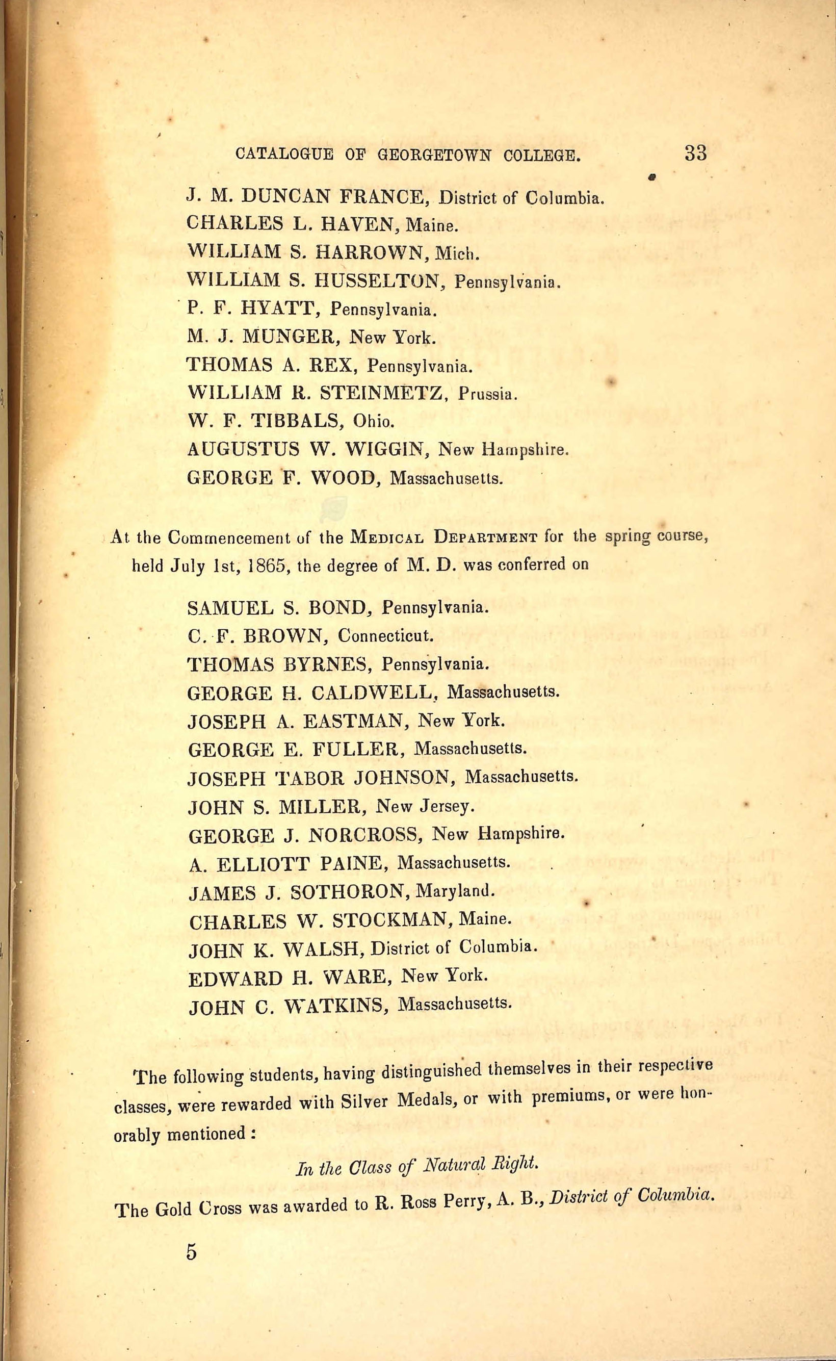 Catalog of Georgetown College that shows John C. Watkins earned a Medical degree, 1 July 1865