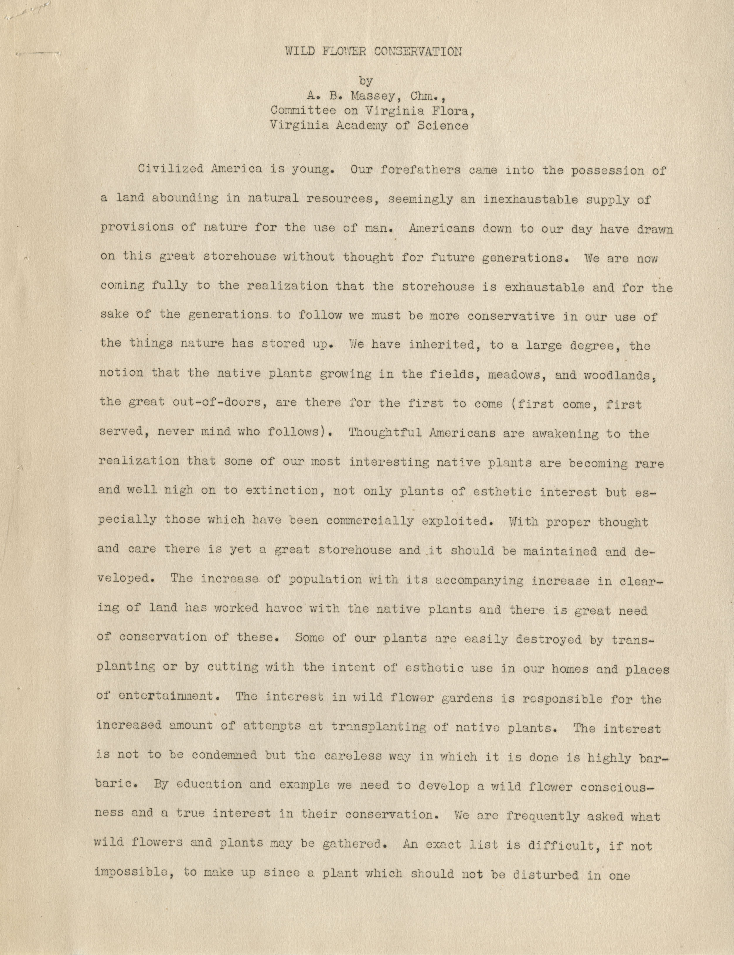 Page one of Masseys undated essay on wildflower conservation, probably intended for publication in Virginia Journal of Science. 