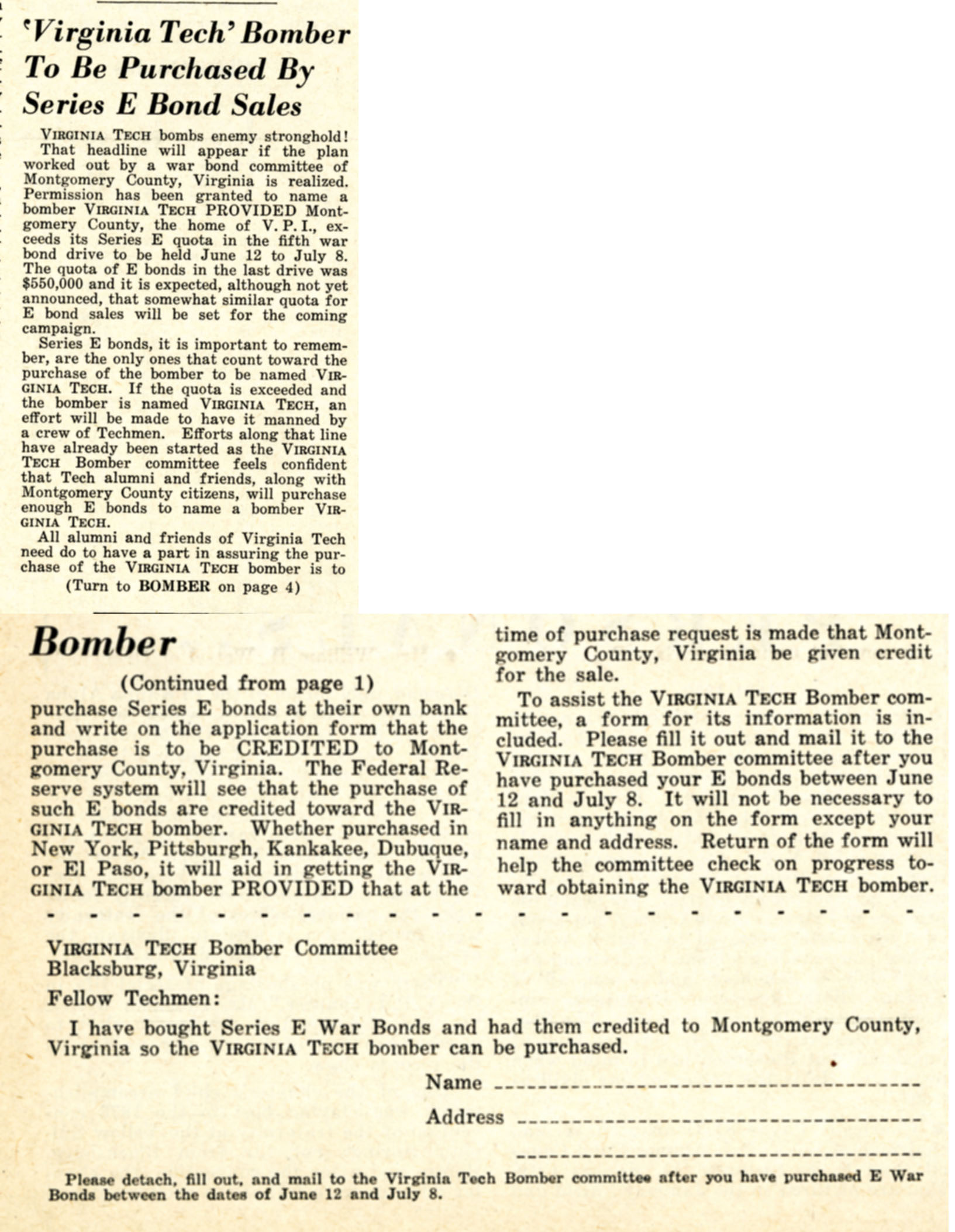 Techgram, 15 May 1944, announcing the war bond drive to name a B-29 "Virginia Tech."