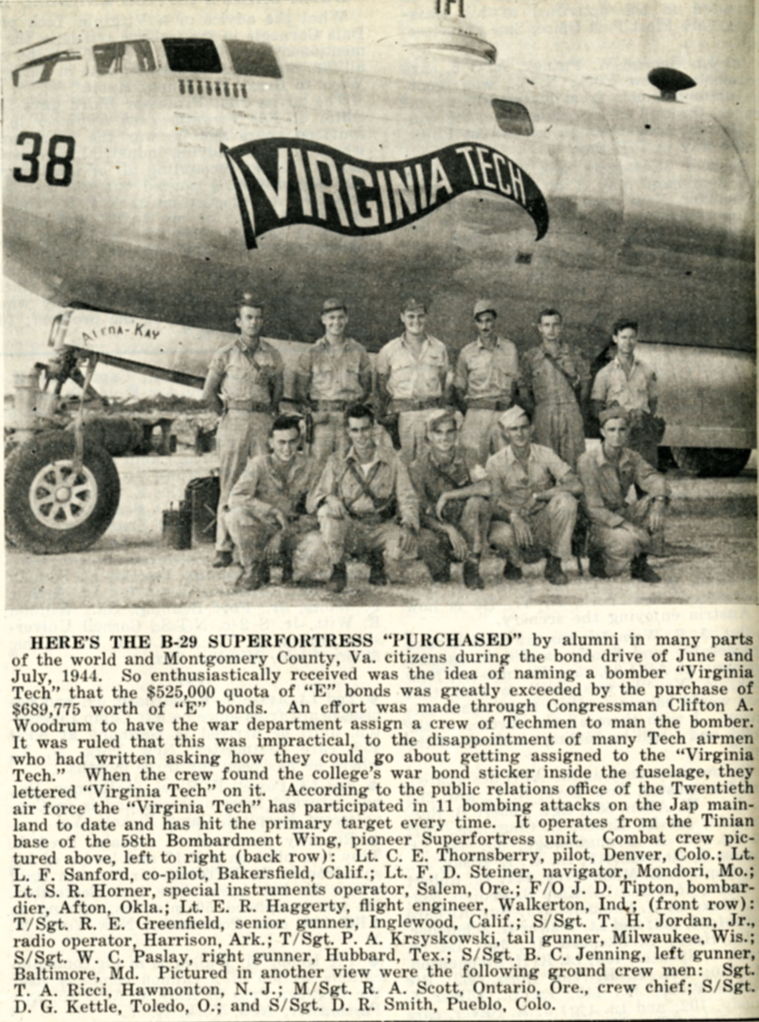 B-29 "Virginia Tech" from The Techgram, 15 August 1945