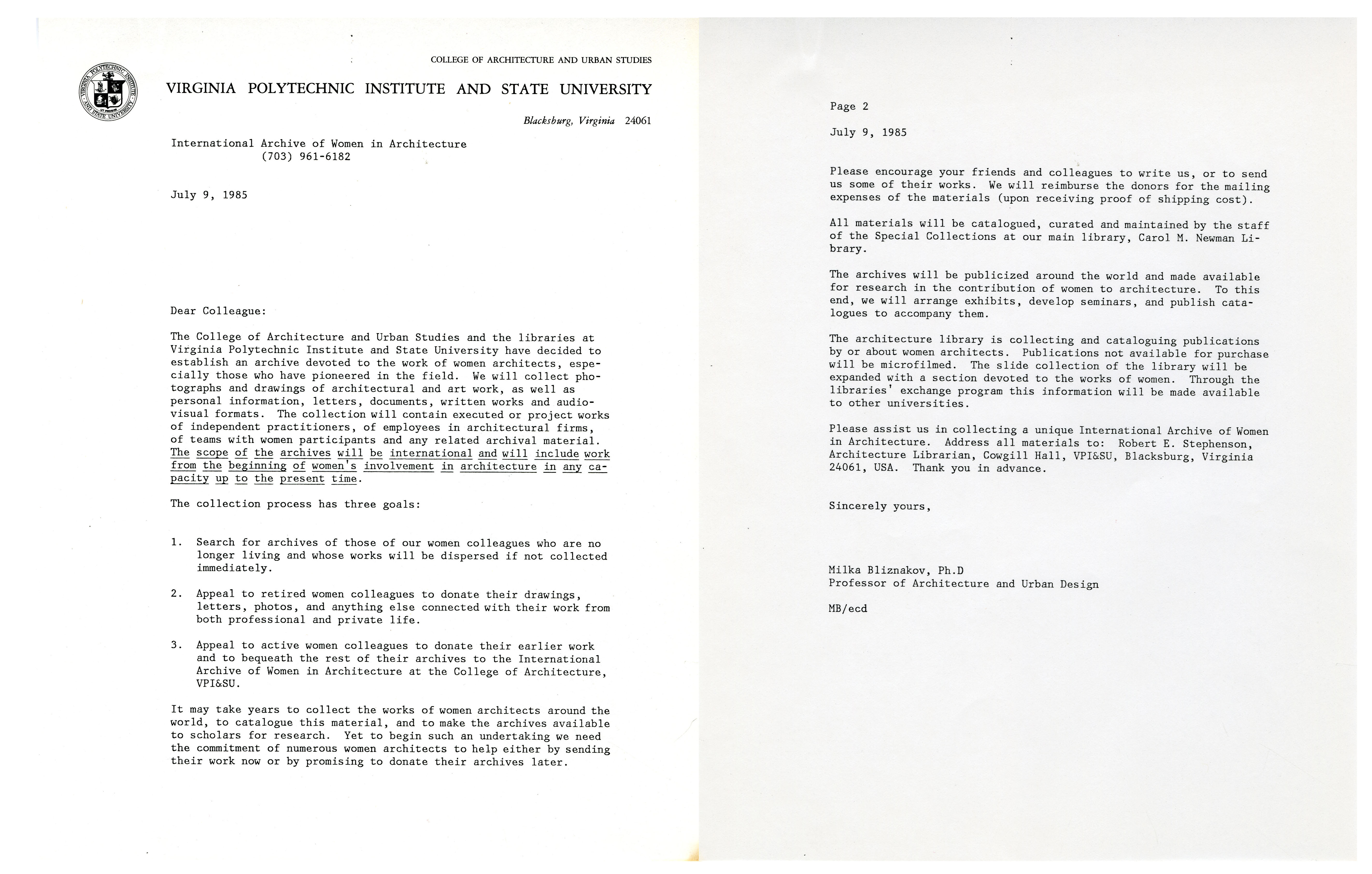 Two page donation request letter from Milka Bliznakov for the International Archives of Women in Architecture, July 1985