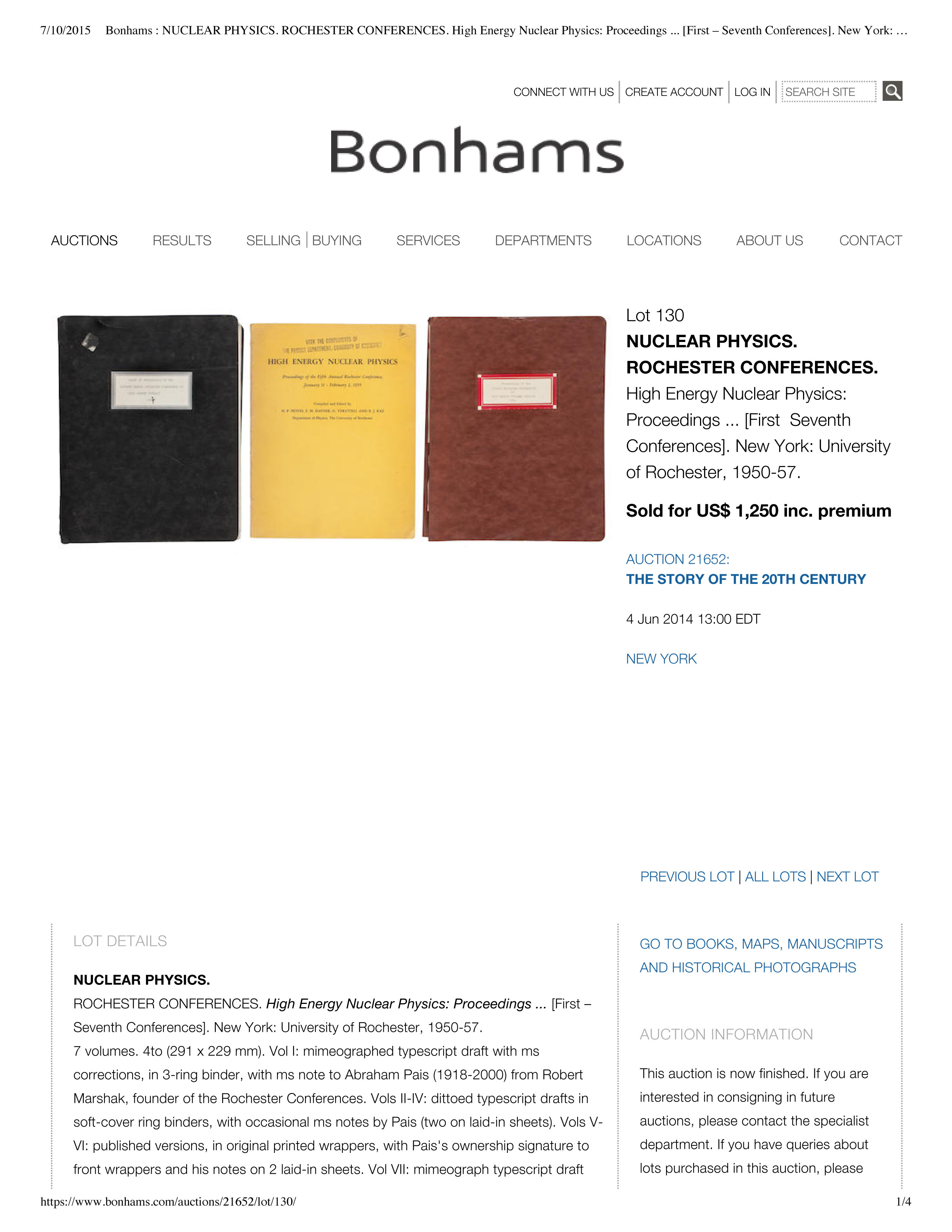 Nuclear Physics, Rochester Conferences: Bonhams Auctioneers
