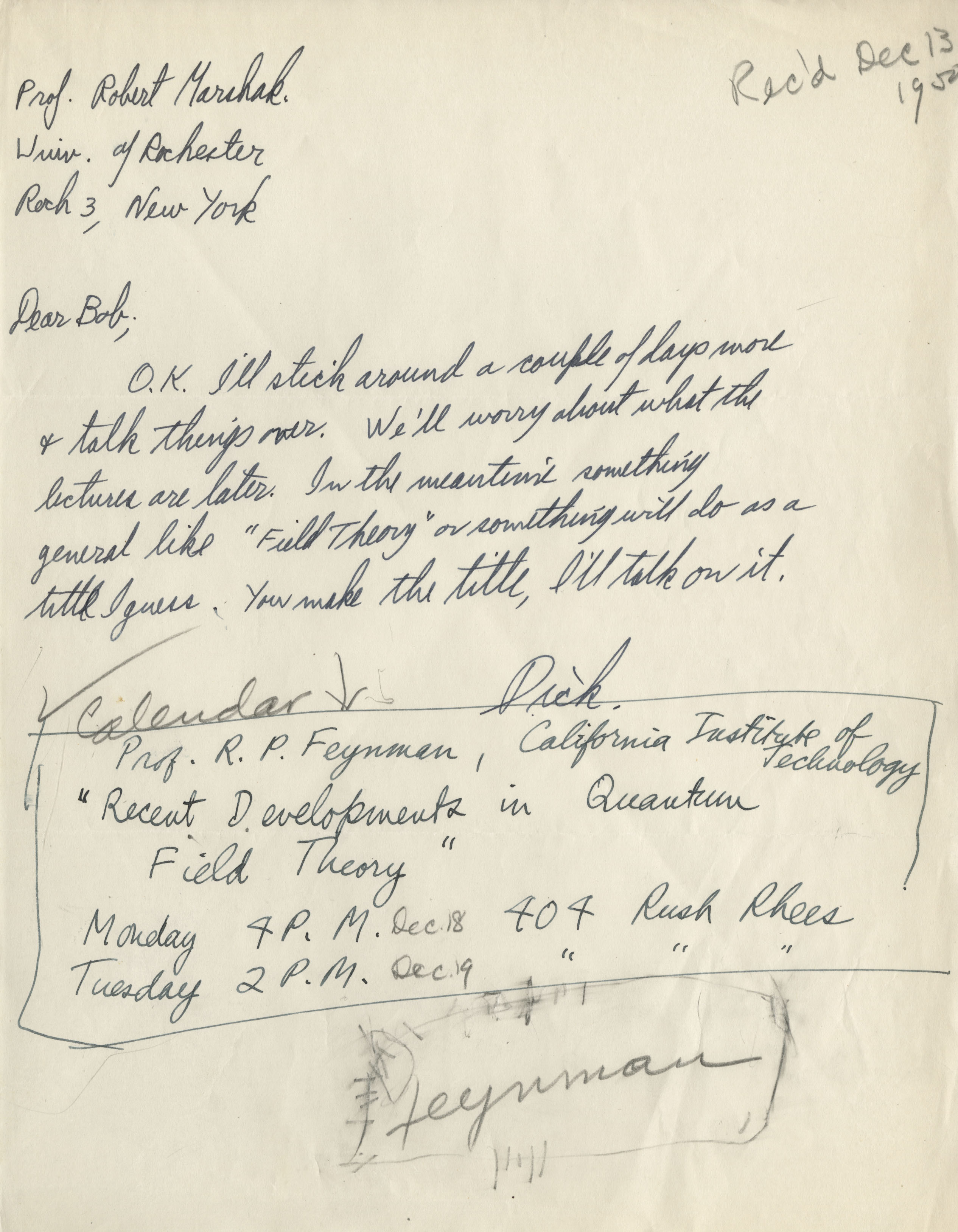 Richard Feynman's Reply, 13 December 1950