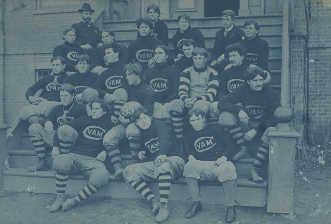 The black jersey sported by the 1895 team, just prior to the schools name change, featured the letters AMC encircled by a large C in white.