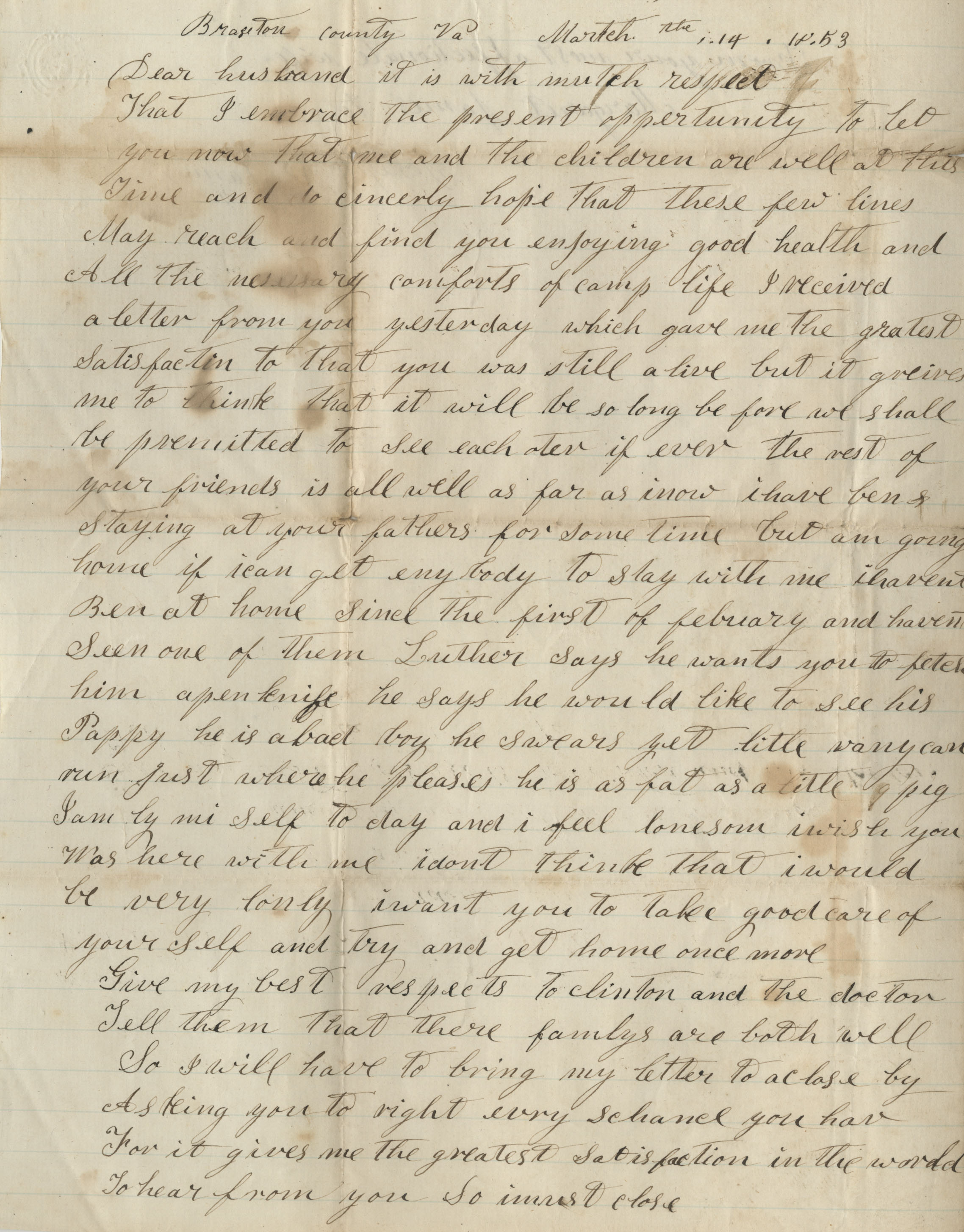 Margaret James' 1863 letter to her husband speaks of her concern and loneliness.