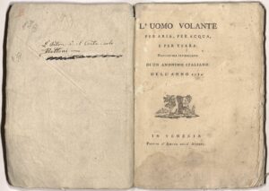 Title page ofTitle page of LUomo Volante per Aria, per Acqua, e per Terra. Novissima Invenzione di un Anonimo Italiano Dell Anno 1784. In Venizia Presso LAmico Dell Autore.