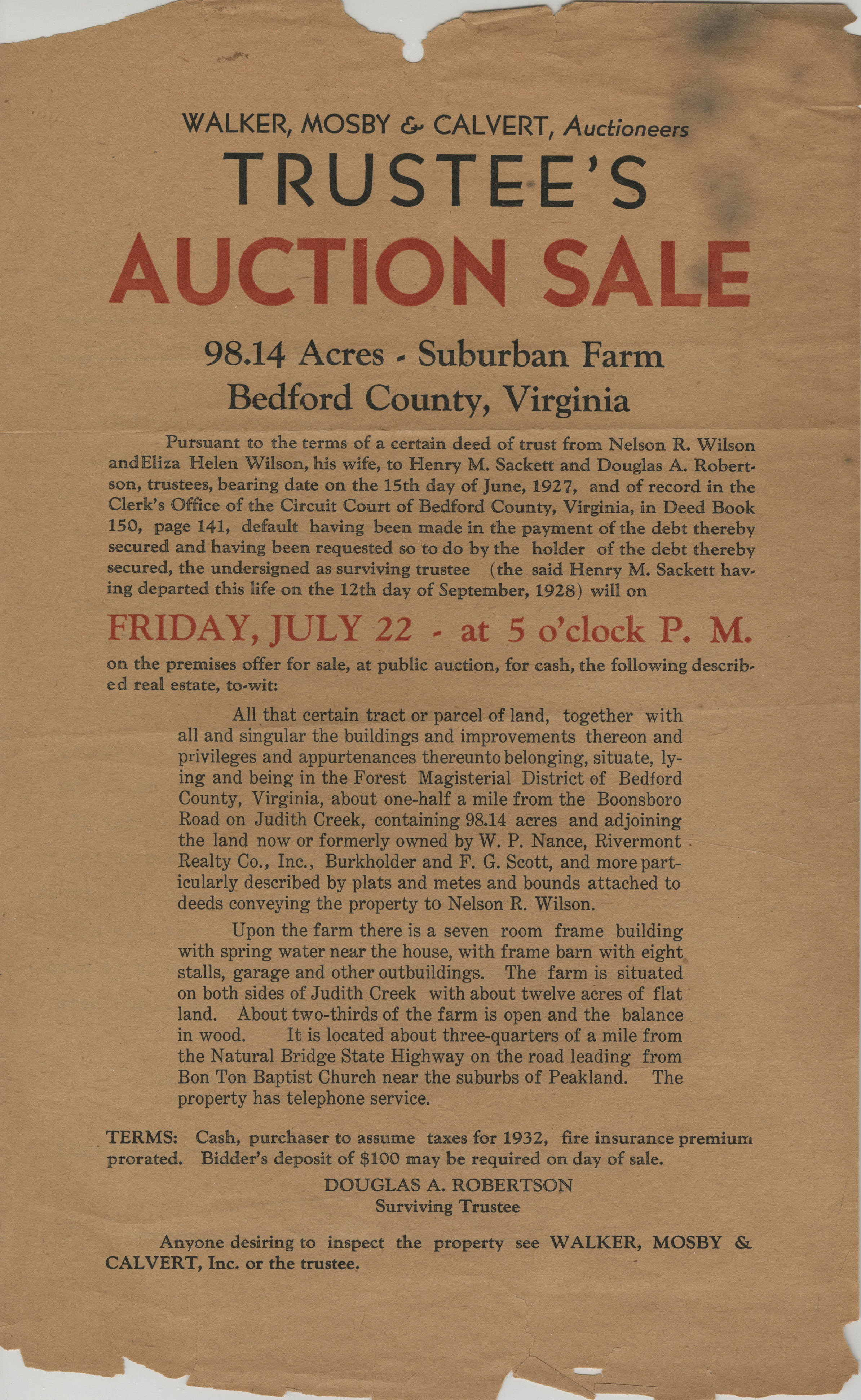 Nelson R. Wilson Auction Notice, 1932. (Front)