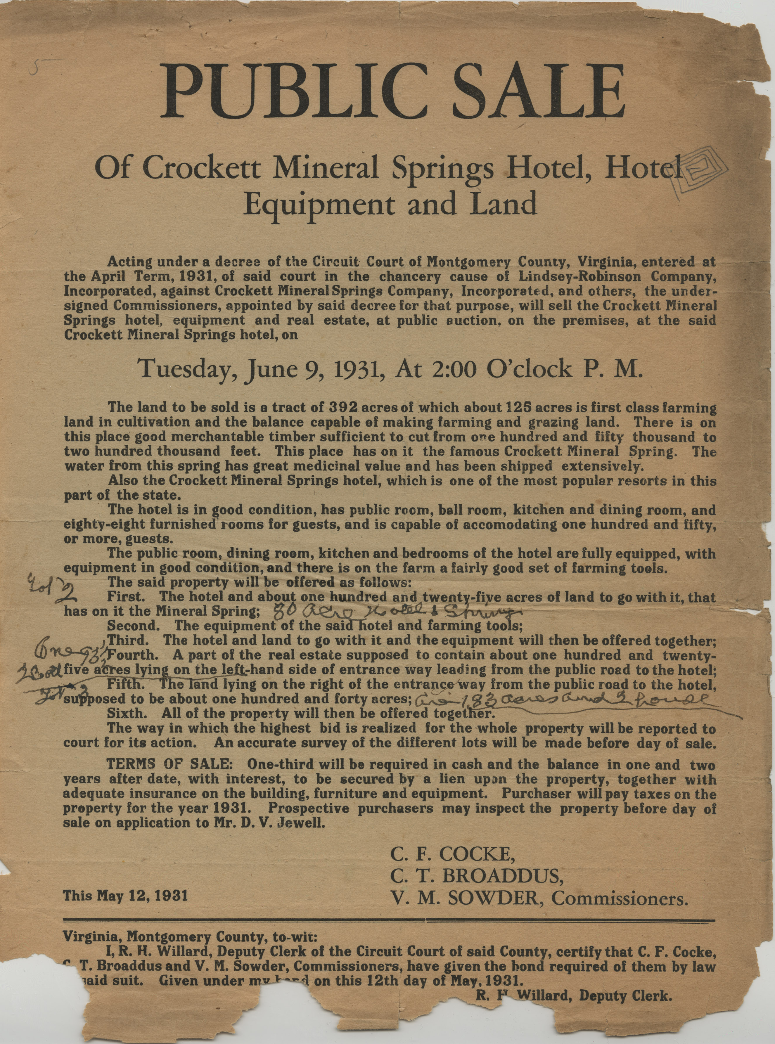 Crockett Mineral Springs Land and Equipment Auction Broadside, 1931.