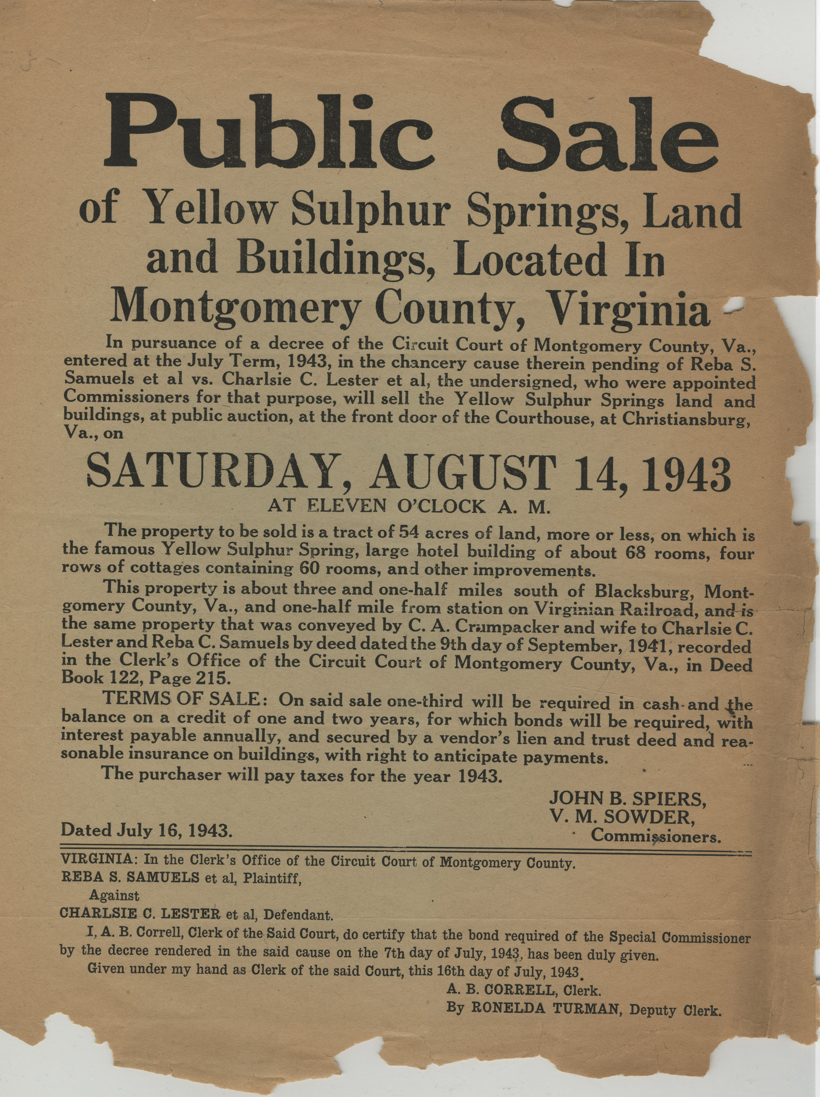 Yellow Sulphur Springs Sale Broadside, 1943.