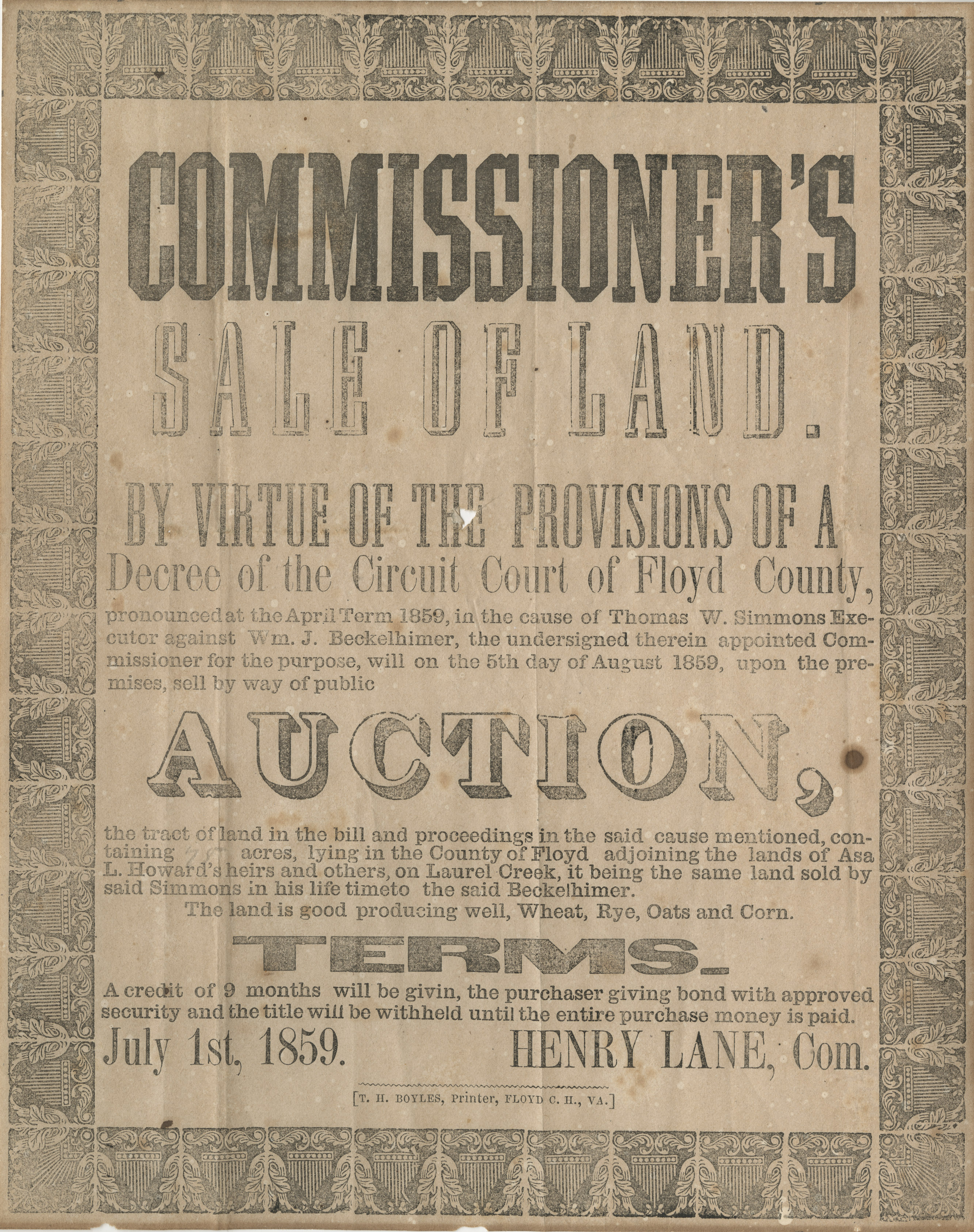 Floyd County Land Auction Broadside, 1859.