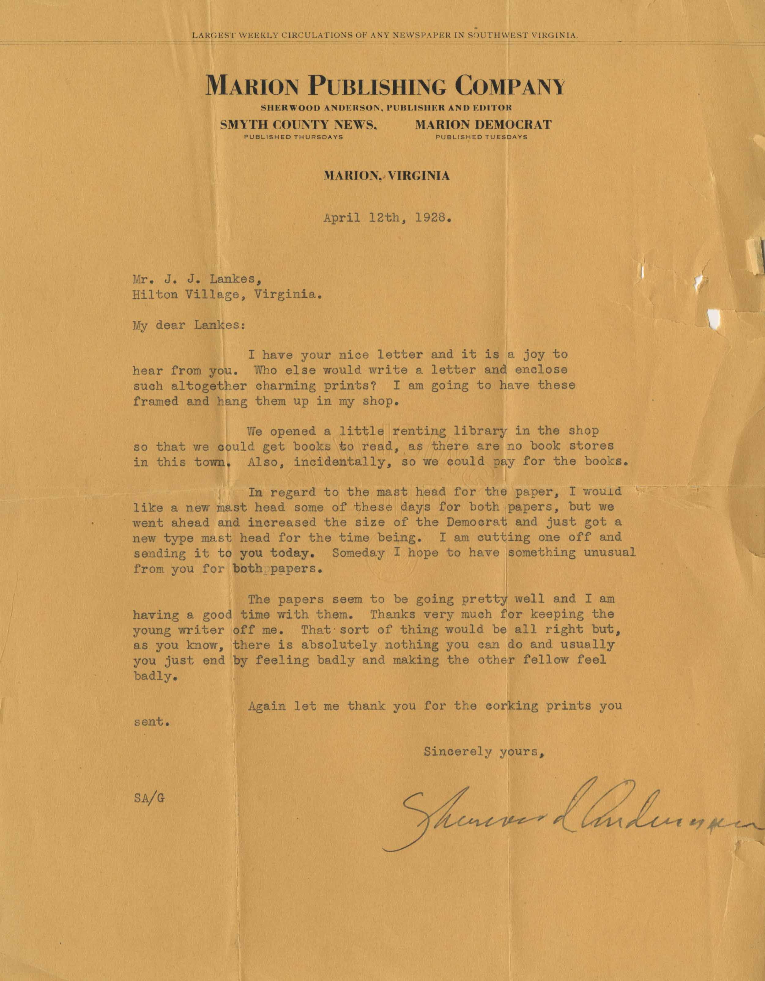 A 1928 letter from Anderson describing his opening a small library in Marion.