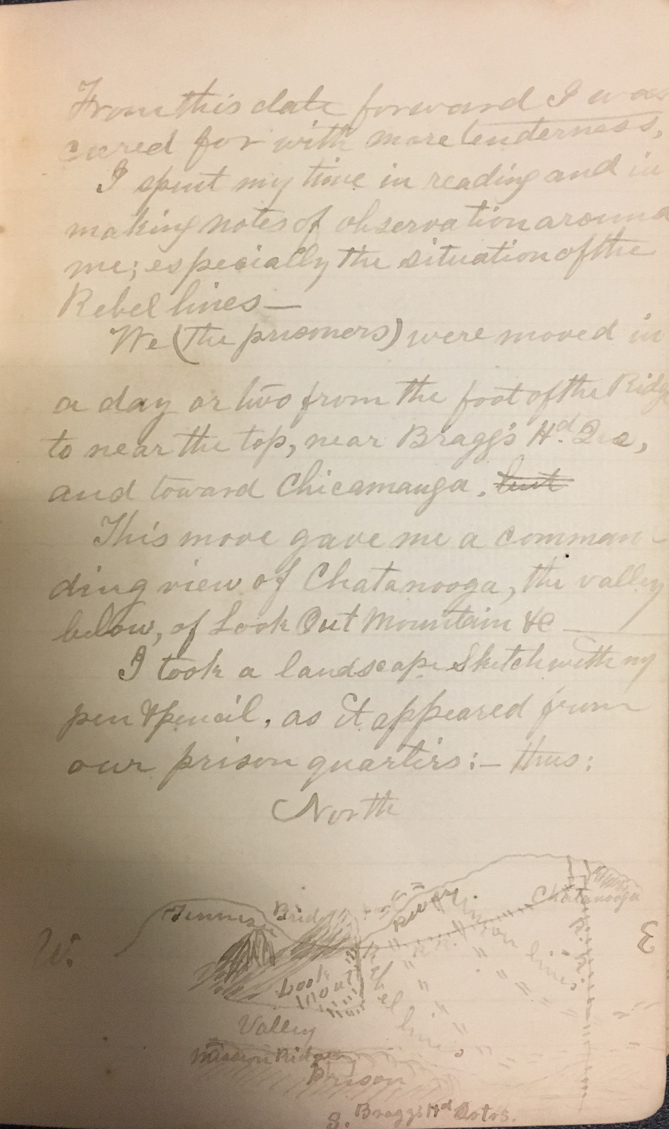 Page from Woods' memoir, including a drawing of his view of Chattanooga.