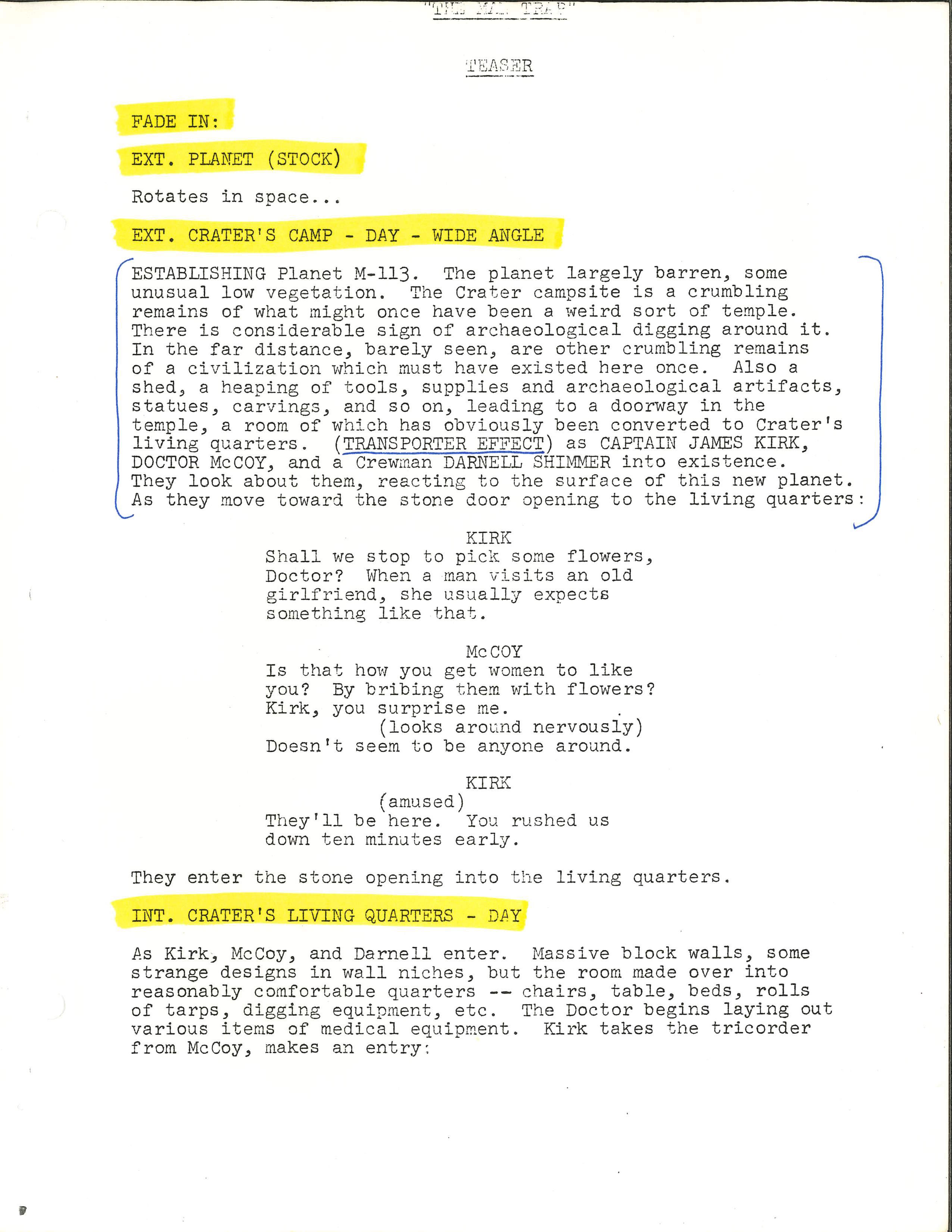 First page of dialogue from "The Man Trap" script