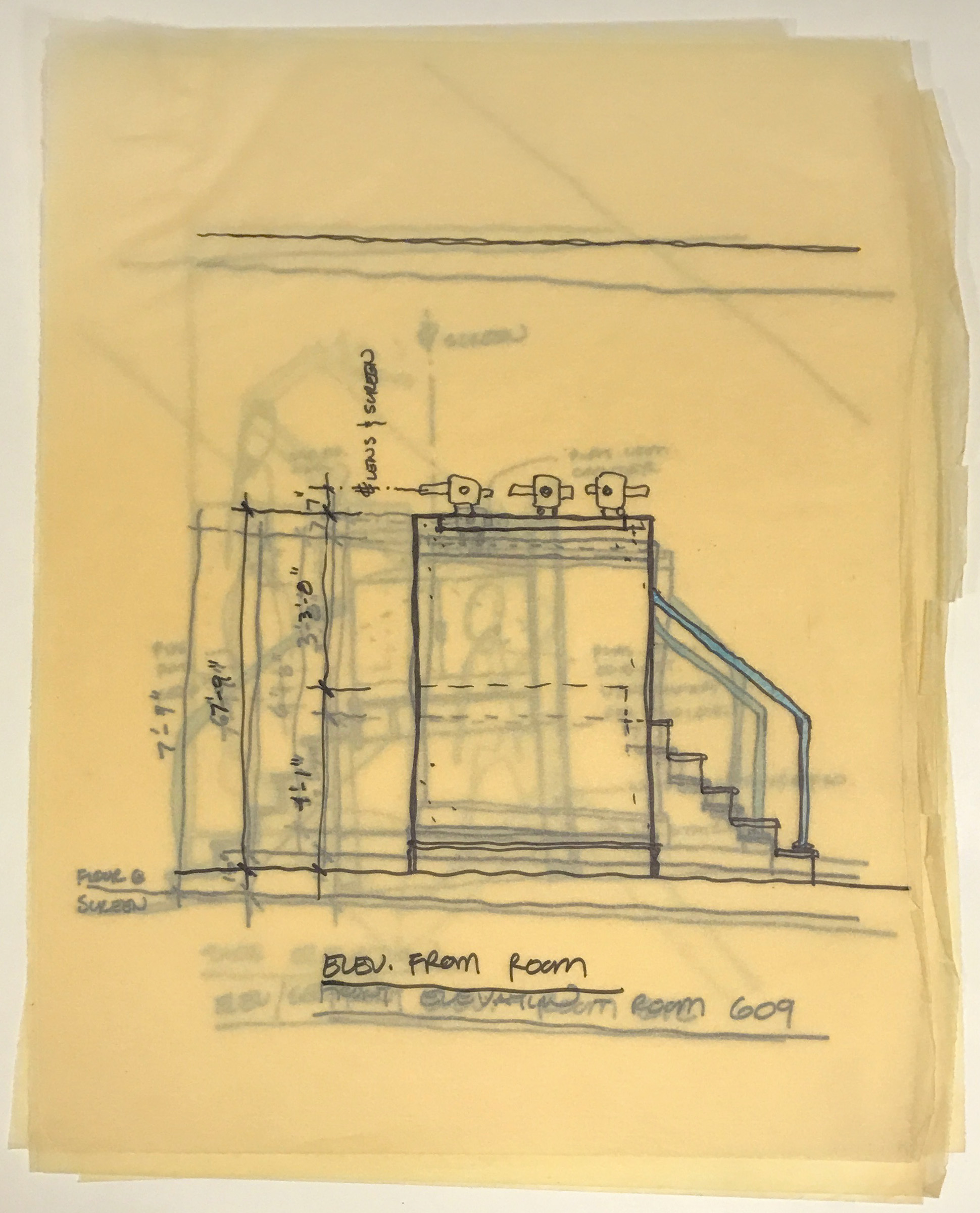 A stack of sketches of room elevations and details, drawn on transparent paper.