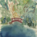 Landscape with trees and red bridge over a waterway