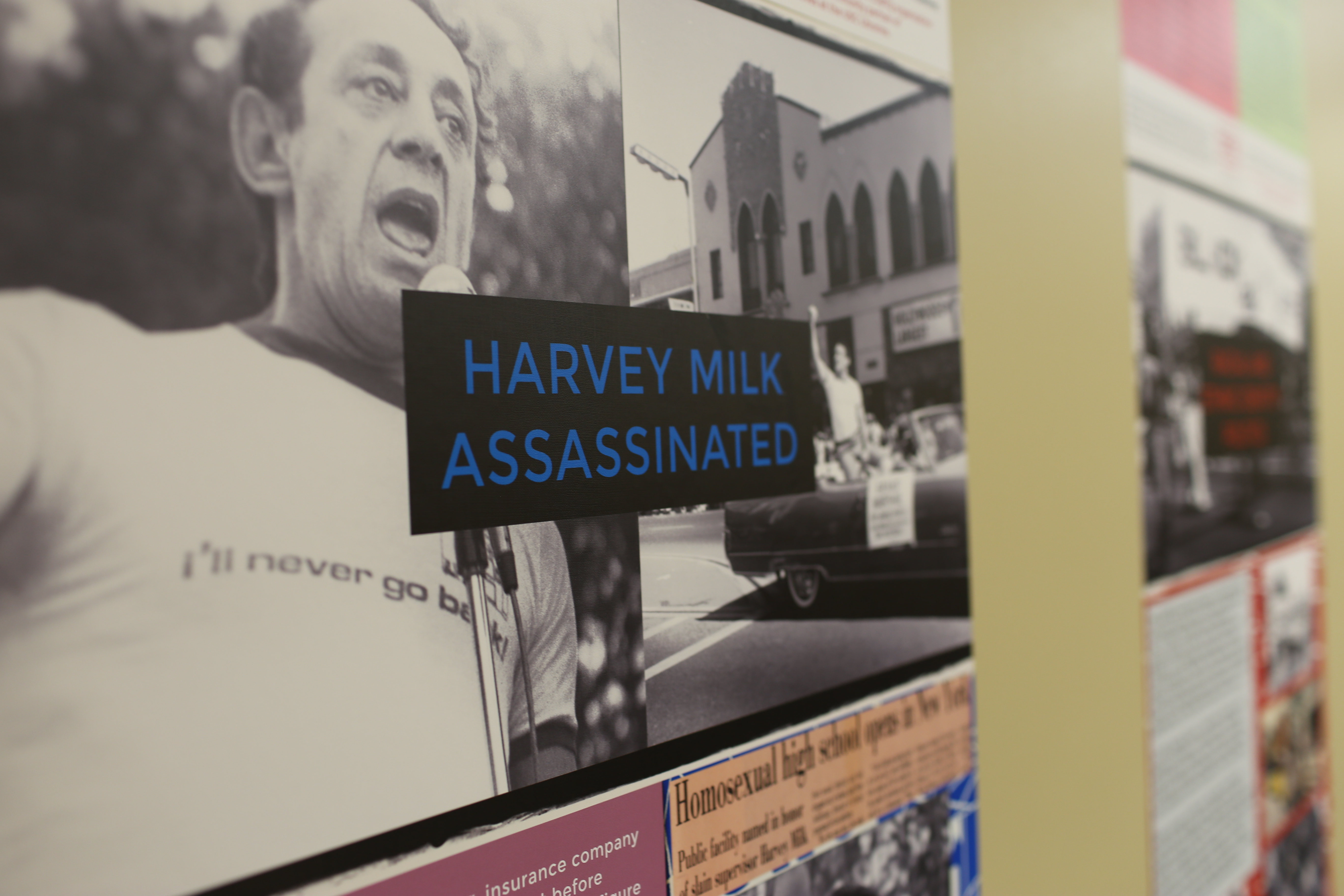 Closeup of the "Harvey Milk Assassinated" poster from The History of the LGBTQ Civil rights Movement exhibit.