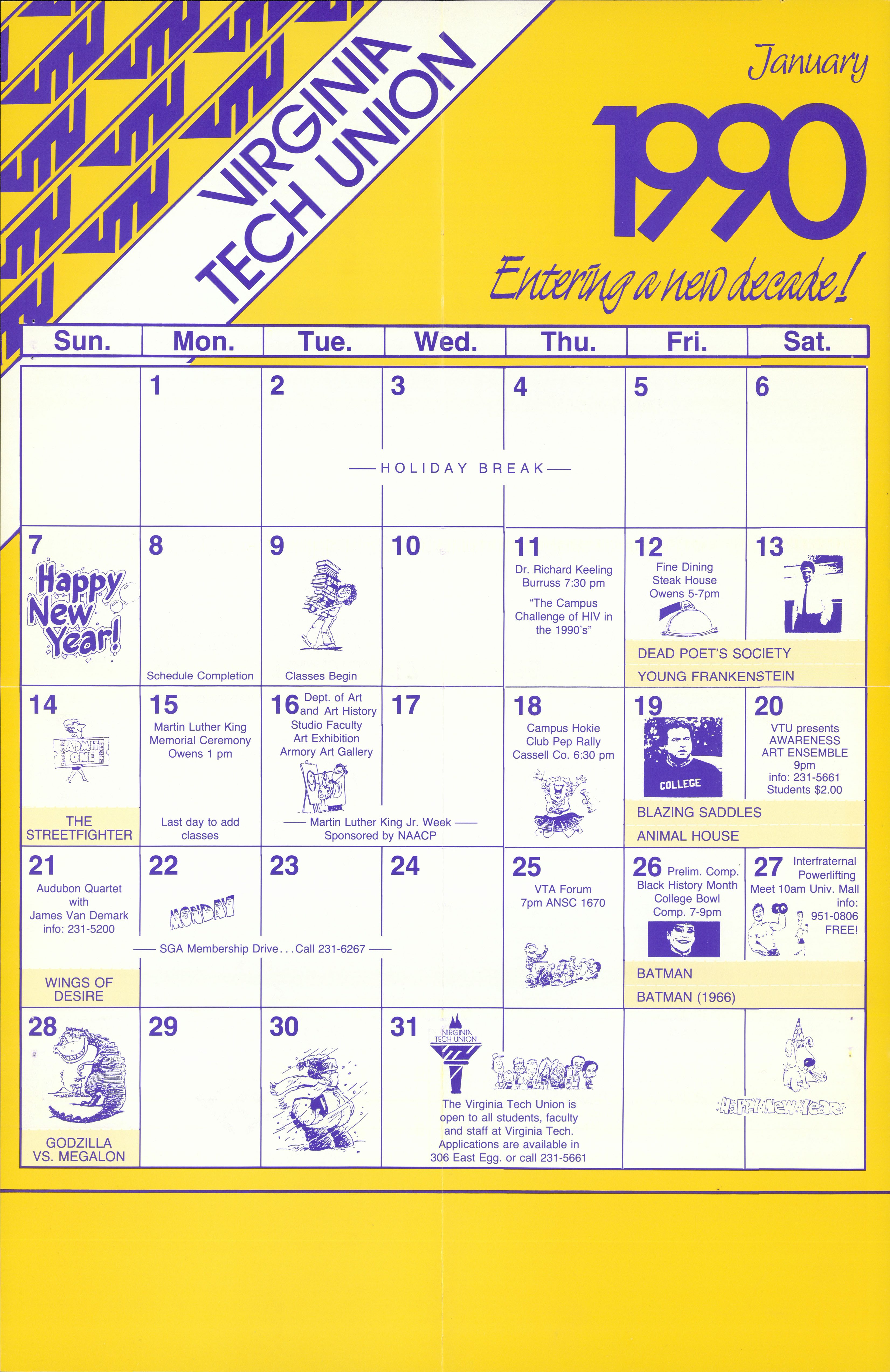 Virginia Tech Union Calendar January 1990 Virginia Tech Special Collections And University Archives