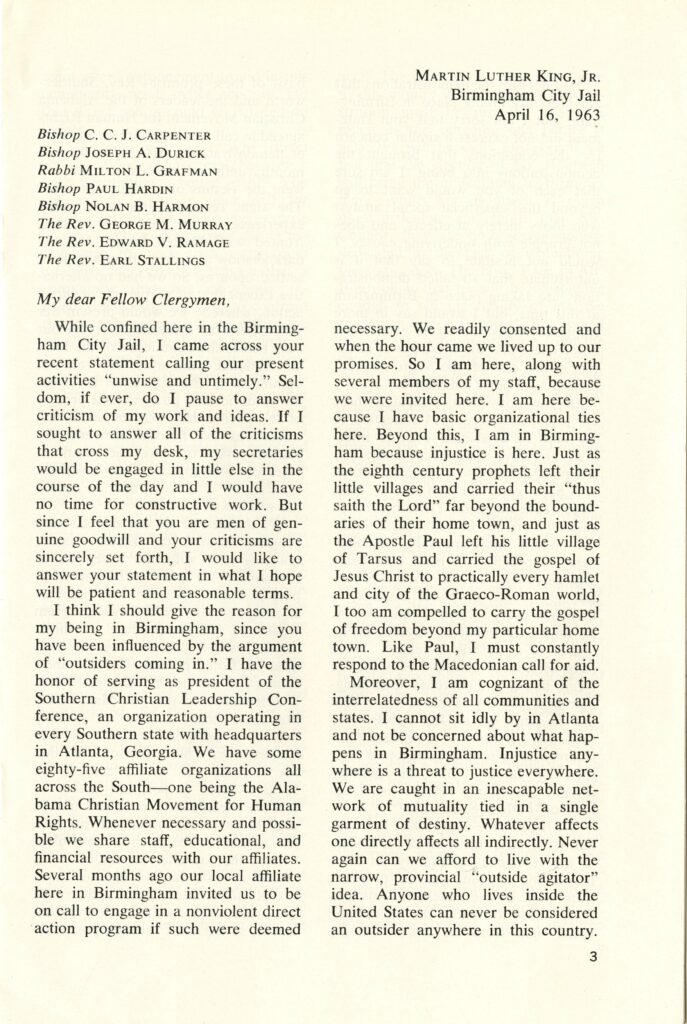 P.3, Letter from Birmingham City Jail by Dr. Martin Luther King, Jr., May 1963, from Bishop Marmion Papers