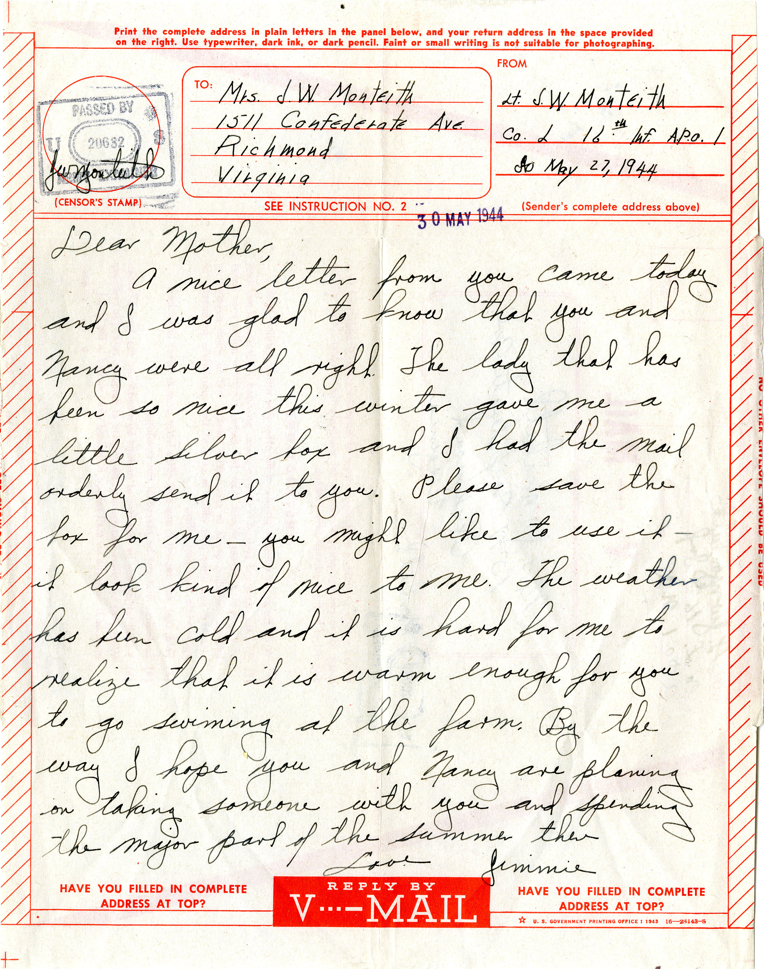 V-Mail from Lt. James Monteith, 27 May 1944