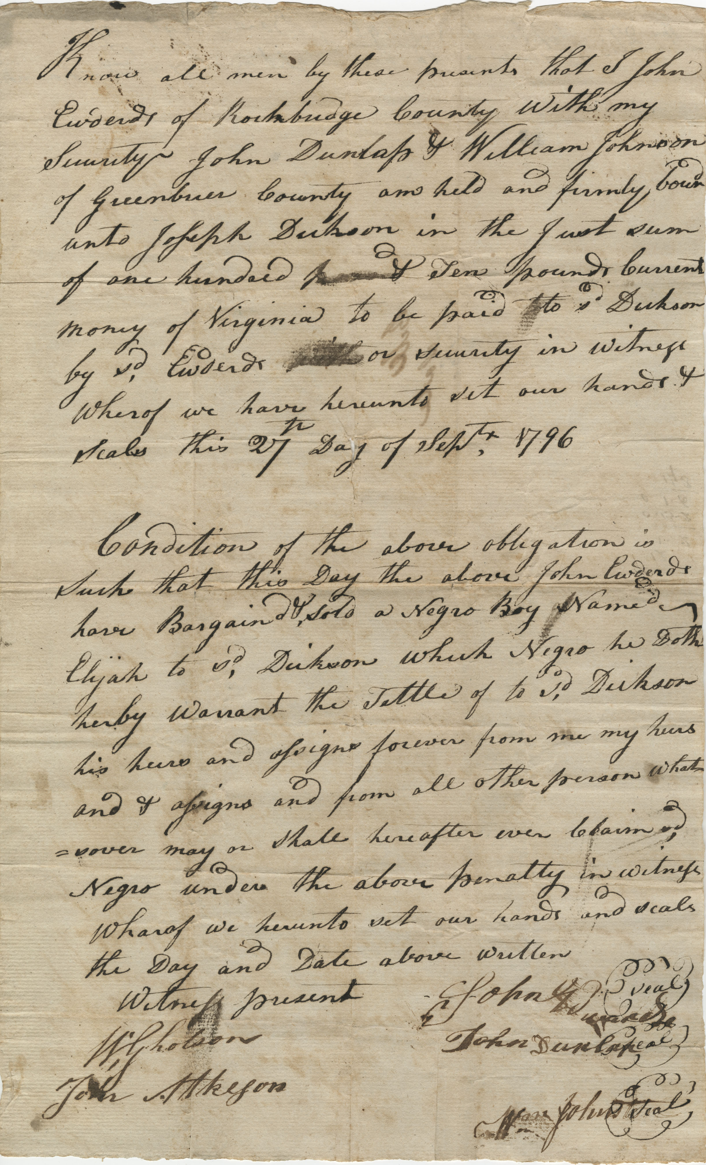 Bill of Sale for a slave named Elijah, 12 years old, 27 September 1796