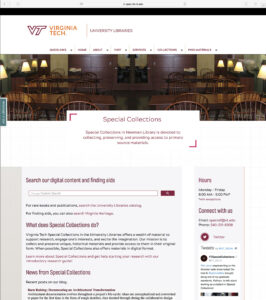 Screenshot of new Special Collections website on August 2, 2018 (spec.lib.vt.edu)