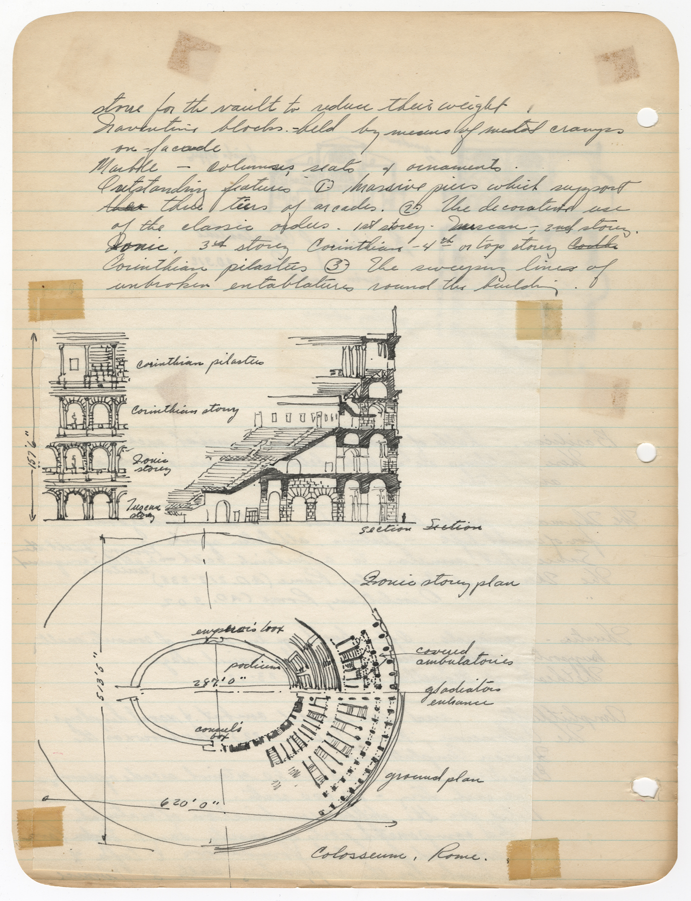 Notebook age with notes and building sketches