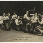Collegians photo #2, 1922-1923, Historical Photographs Collection, from left: L.A. Lukie Hall (tenor banjo); J.B. Cole (trumbone); R.S. Bob Skinner (traps); W. Bass Perkins (clarinet, violin, leader); Tom S. Rice (piano); W.D. Willie Harmon (saxophone); F.R. Piggy Hogg (saxophone, traps, manager); and S.C. Stanley Wilson (trumpet, not pictured).