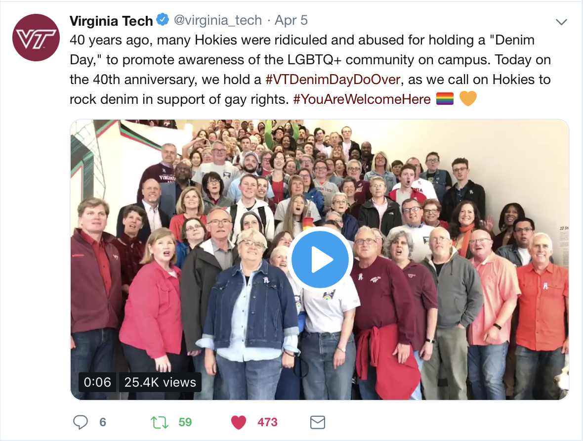 Screenshot of Tweet featuring a short video of the VT Denim Day Do Over event.