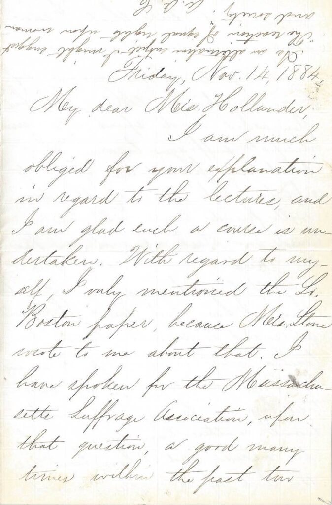 Page one of a handwritten letter from Adelaide Claflin to Mrs. Hollander regarding a speaking engagement with the woman suffrage association in November 1884.