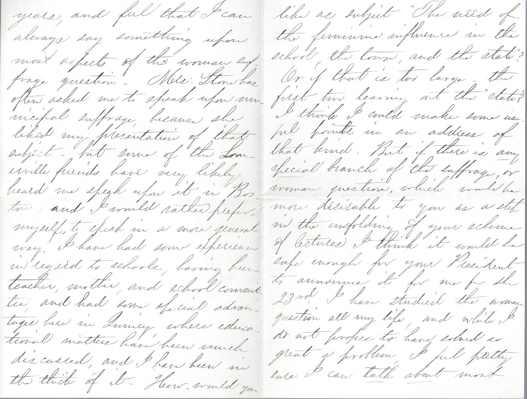 Pages two and three of a handwritten letter from Adelaide Claflin to Mrs. Hollander regarding a speaking engagement with the woman suffrage association in November 1884.