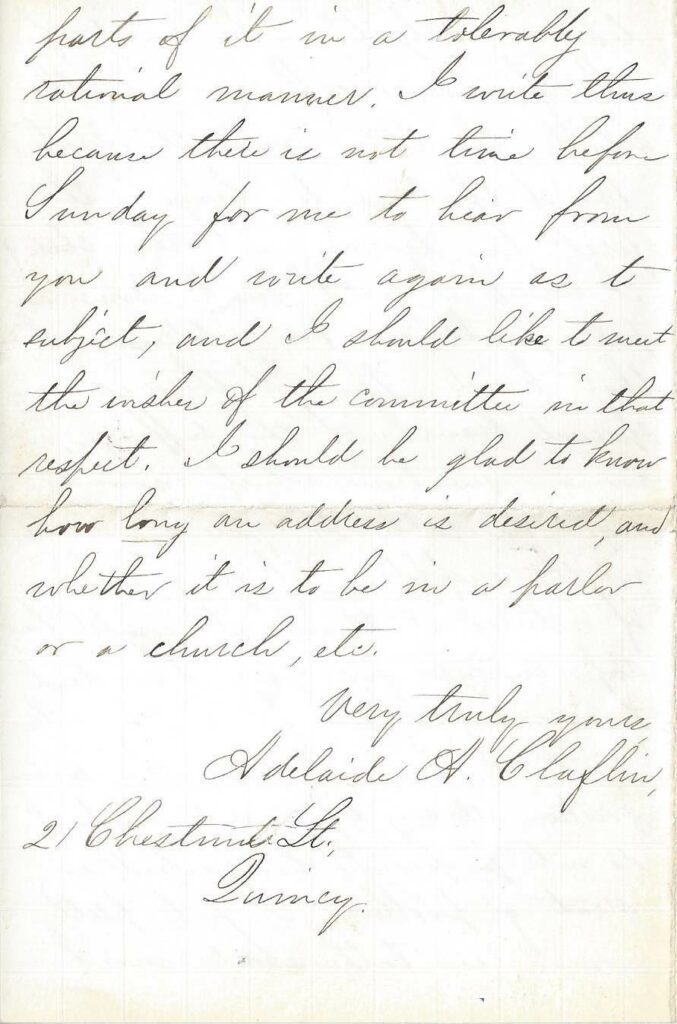Page four of a handwritten letter from Adelaide Claflin to Mrs. Hollander regarding a speaking engagement with the woman suffrage association in November 1884.