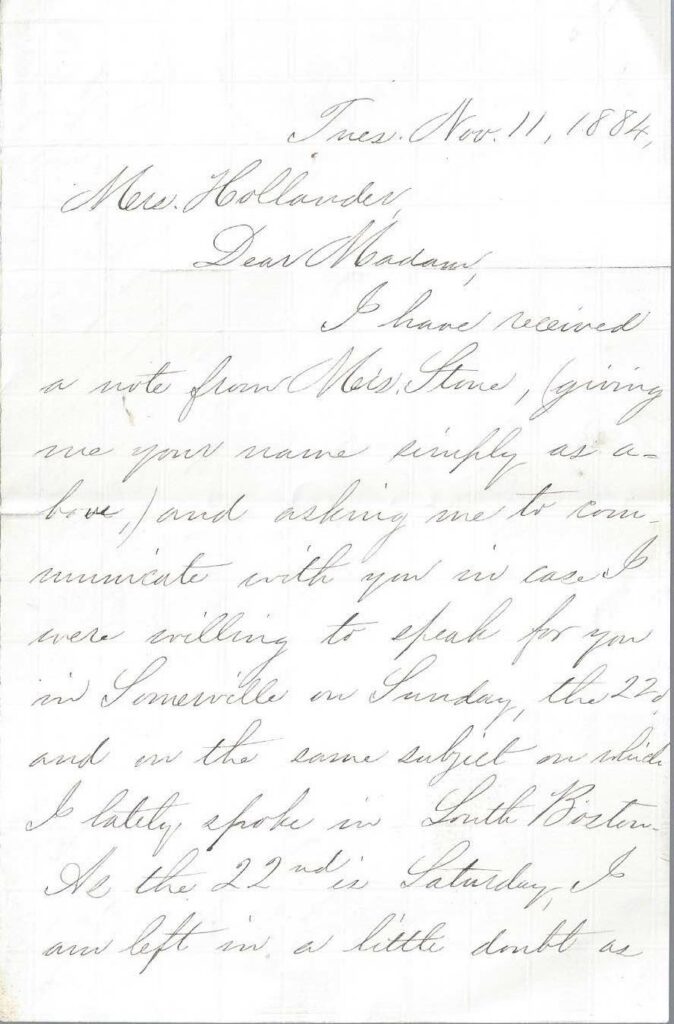 Page one of a handwritten letter from Adelaide Claflin to Mrs. Hollander regarding a speaking engagement with the woman suffrage association in November 1884.