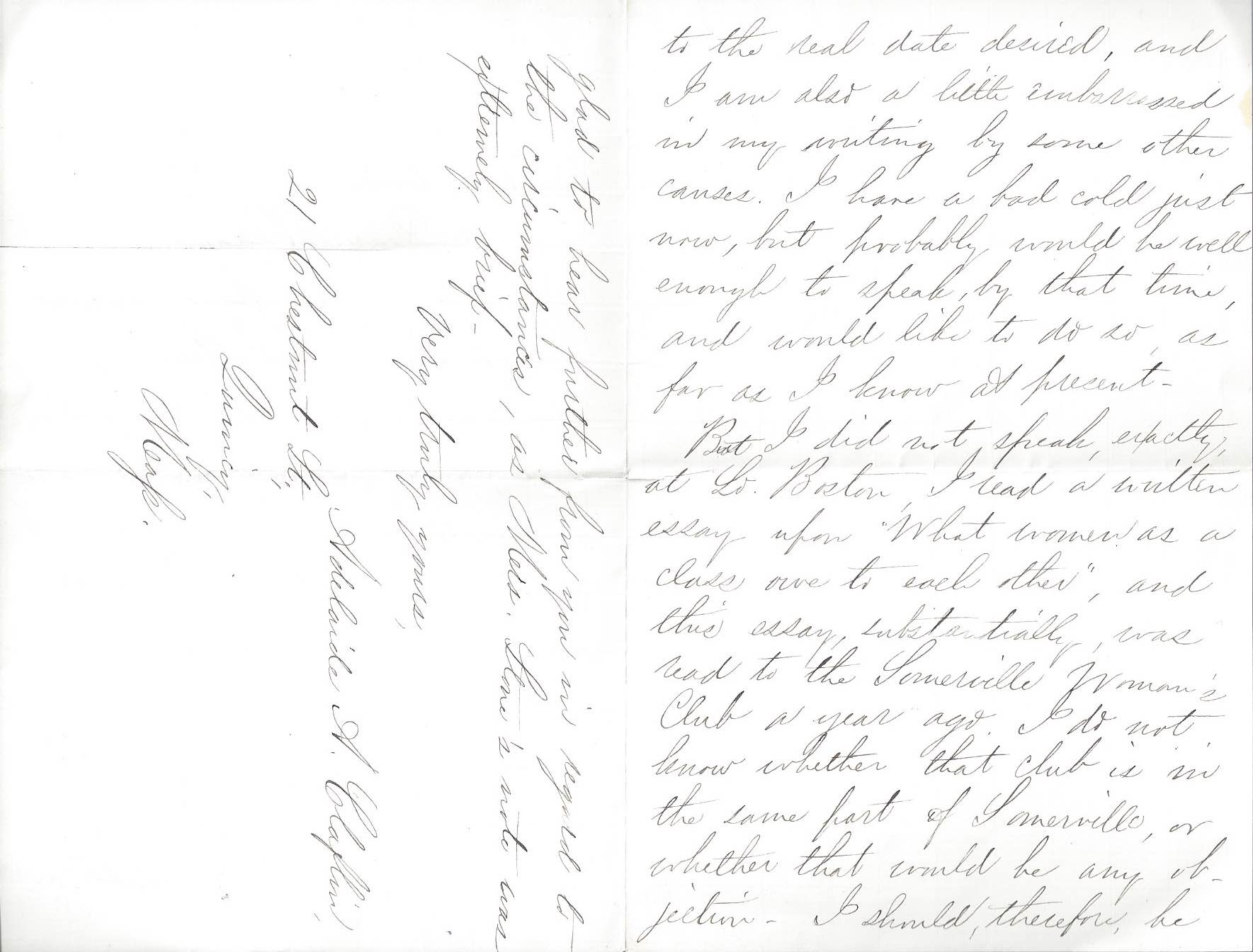 Pages two and three of a handwritten letter from Adelaide Claflin to Mrs. Hollander regarding a speaking engagement with the woman suffrage association in November 1884.