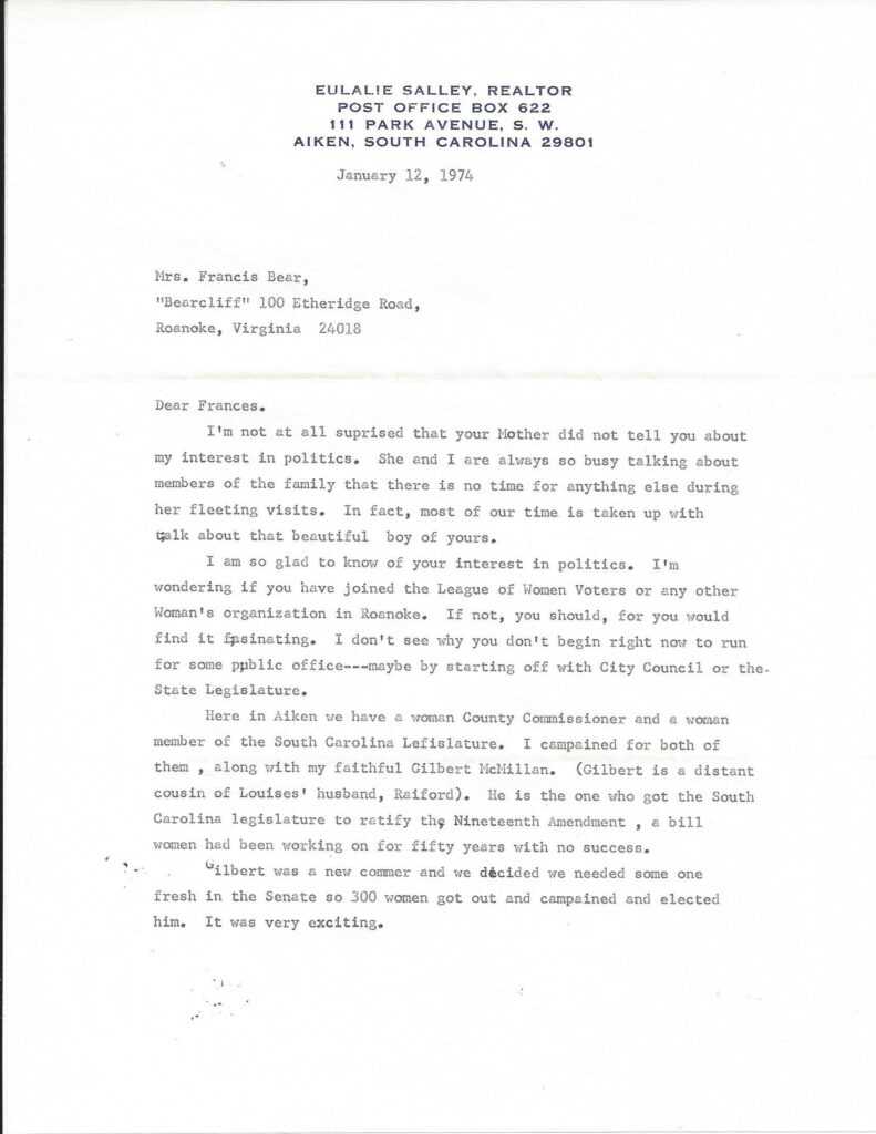 Page one of a 1974 letter from Eulalie Salley to Mrs. Francis Bear.