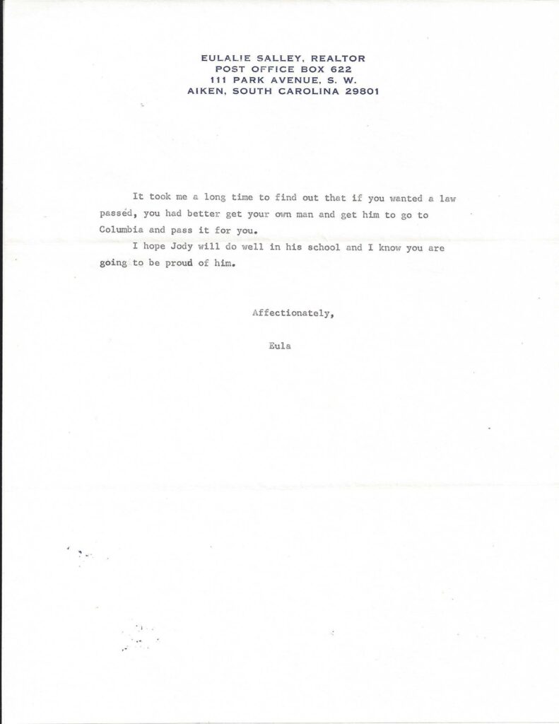 Page two of a 1974 letter from Eulalie Salley to Mrs. Francis Bear.