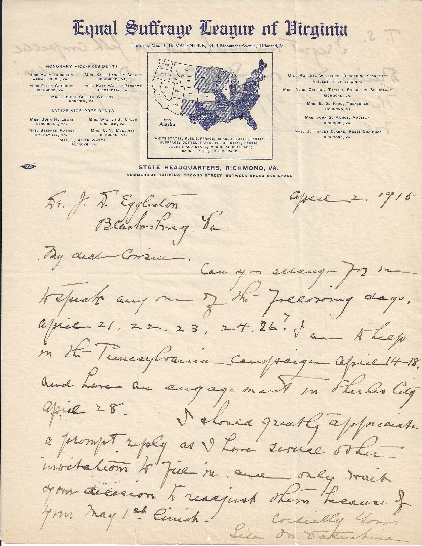 Page one of a 1915 letter from Lila Meade Valentine to J. D. Eggleston. The letter is on Equal Suffrage League of Virginia stationery.